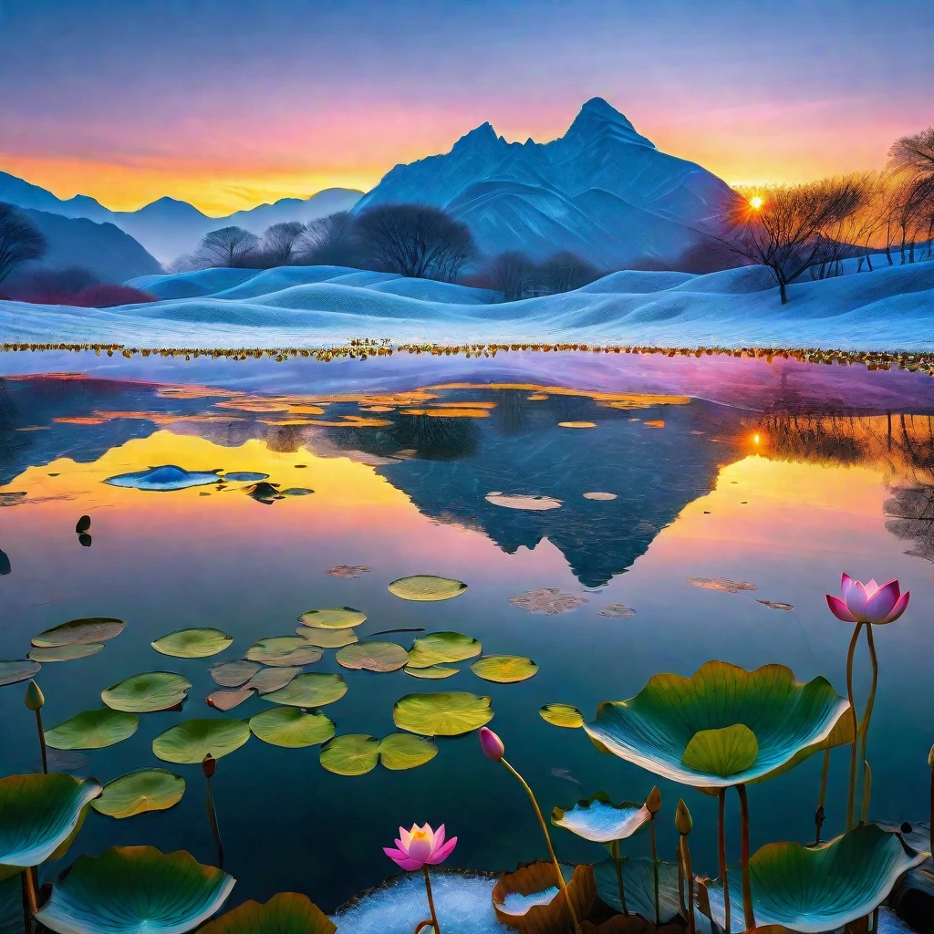 Lotus Leaf,Lotus,pond,Reflection,Snow Mountain,sunrise,Rizhao Jinshan,RAW,8k,Detailed Details,Best quality,Perfect color matching,Sense of atmosphere,Masterpieces shot by international photography masters,National Geographic Photography Award Winners
