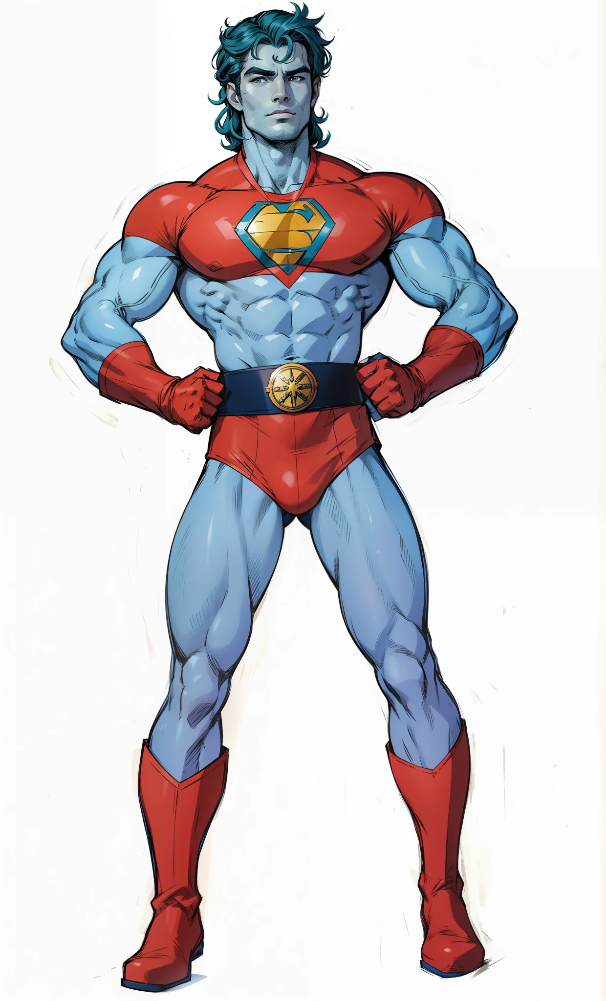 Captain Planet, Henry Cavill, extremamente realista, oele azul, cabelo verde, forte, musculoso, uniforme com detalhes vermelho, bota vermelha,