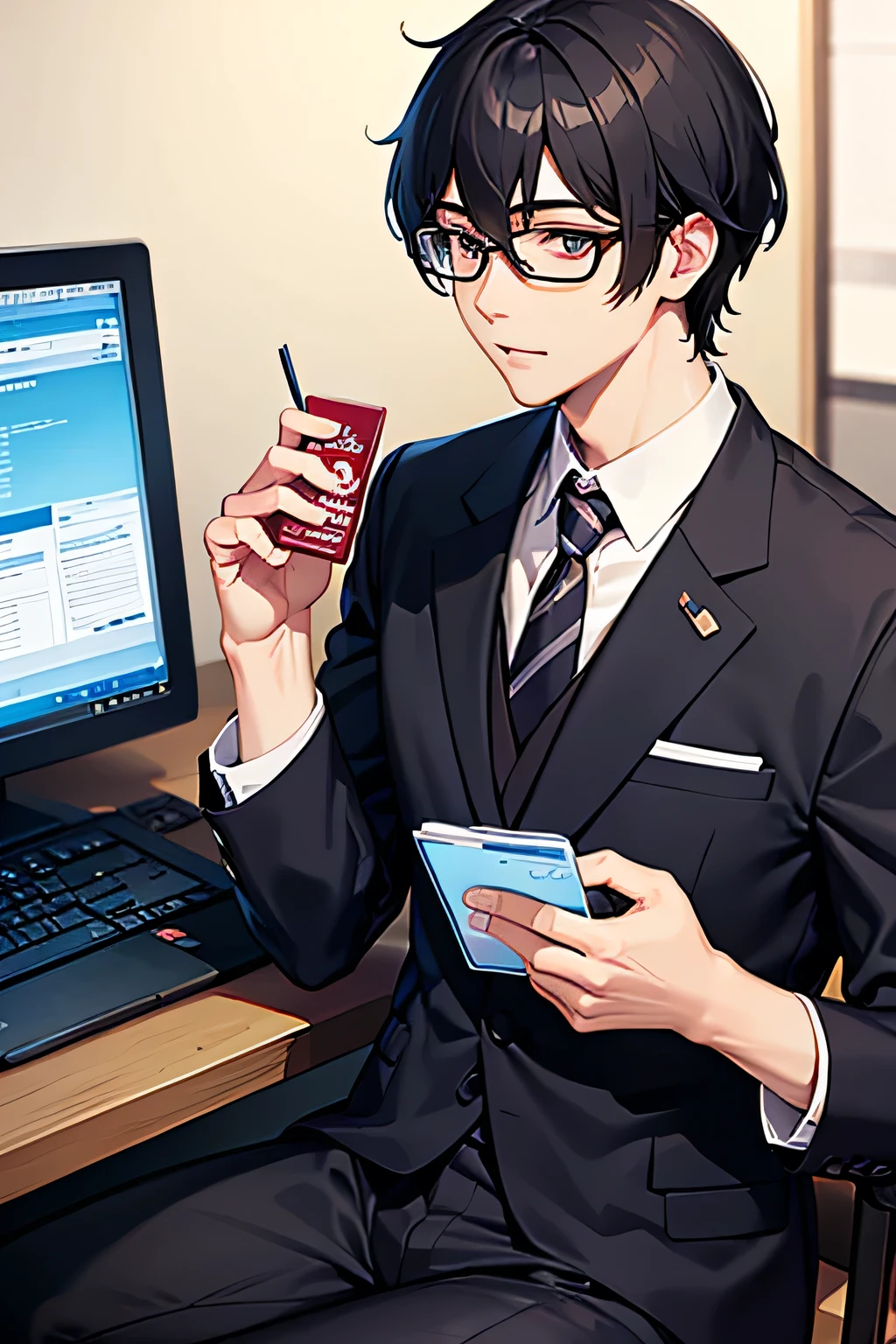 Glasses、Handsome、computer,Japanese、Black Hair,suit、one's home,Side job,male