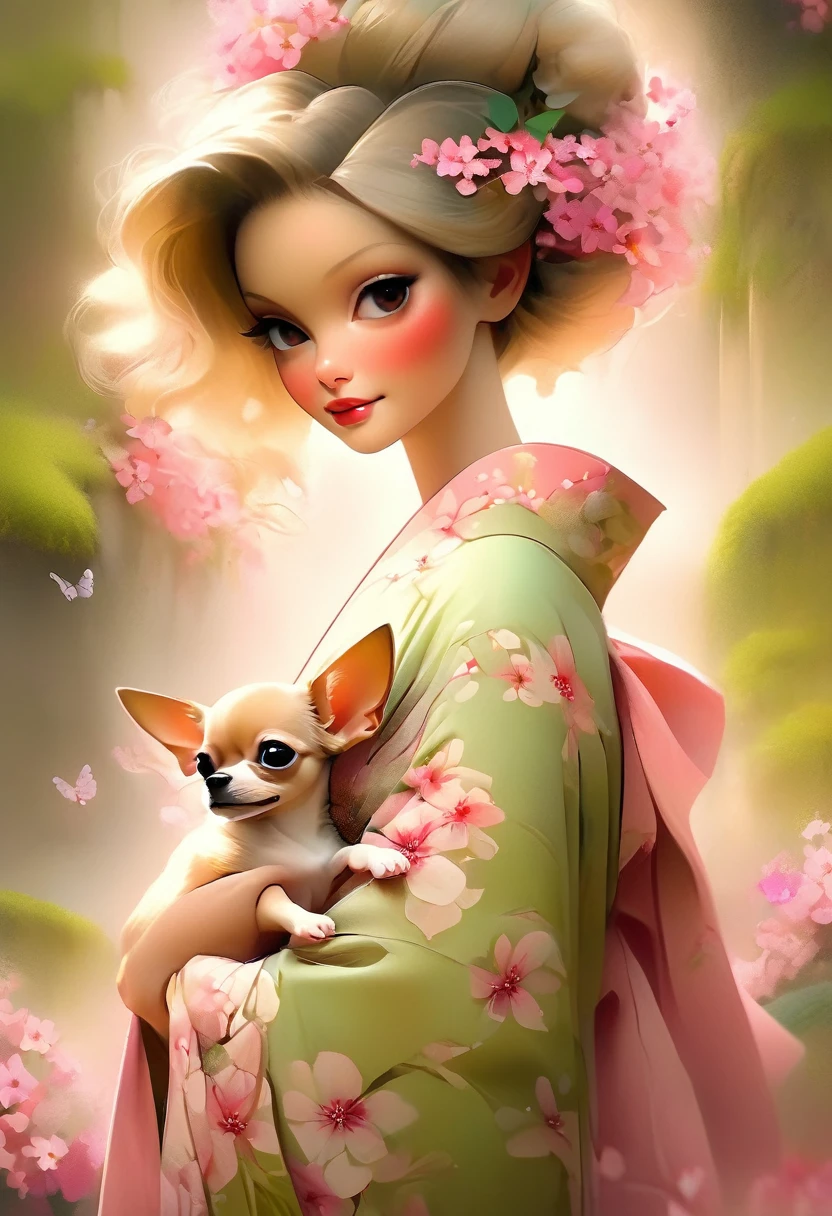 A beautiful woman in a kimono decorated with moss pink flowers stands like a beautiful model。、Holding a small chihuahua,,whole body,Butterflies fluttering,Moss phlox flowers with a valley in the background, Background number 28,Beautiful digital illustrations, Beautiful artwork illustration, Amazing digital illustrations, Beautiful digital artwork, Anna Dittmann's influences, Amazing digital art, Exquisite digital illustrations, Anna Dittmann's Style, Beautiful digital art, beautiful Amazing digital art, very Beautiful digital art, Beautiful fantasy art