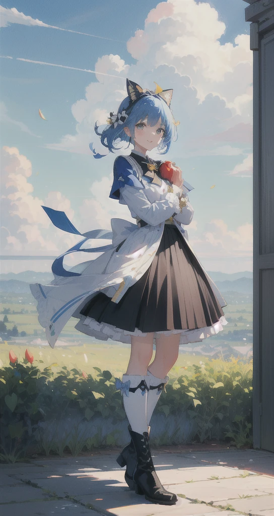 masterpiece，top quality，1 Girl，blue hair，cloud，sunny，Skirt，manor，Bangs，apple，illustration，白cloud，Lively and cheerful，optimism，Generous，Bow，ring，Boots