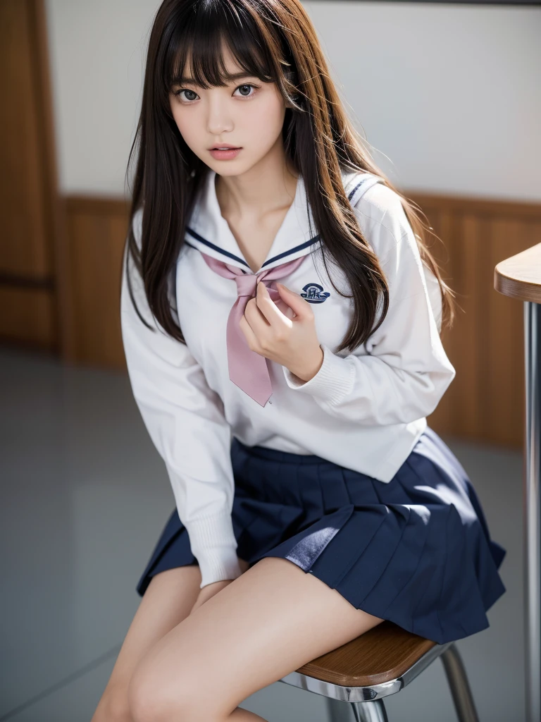 Perfect Anatomy ,Neat and clean high school girl, (school uniform, Sailor suit, Tie a ribbon around your chest, Winter clothes, The upper body is navy blue, The skirt is dark blue),In the morning, there will be a high school graduation ceremony in the large gymnasium.,長袖で昔ながらの紺色のSailor suitに膝丈のプリーツスカートを着て体育館シューズを履いて,((He is sitting on a metal chair in the gymnasium with a serious expression on his face..)),Short Bob,(((Knee-up shot from the front))),Best image quality,Professional angle of view,Excellent details,超A high resolution,Realistic:1.4),High Detail,Focus on the details,High concentration of 1girls,beautiful chestnut hair,Beautiful face with a delicate and high nose,Long limbs like a model,Beautiful pink knees,