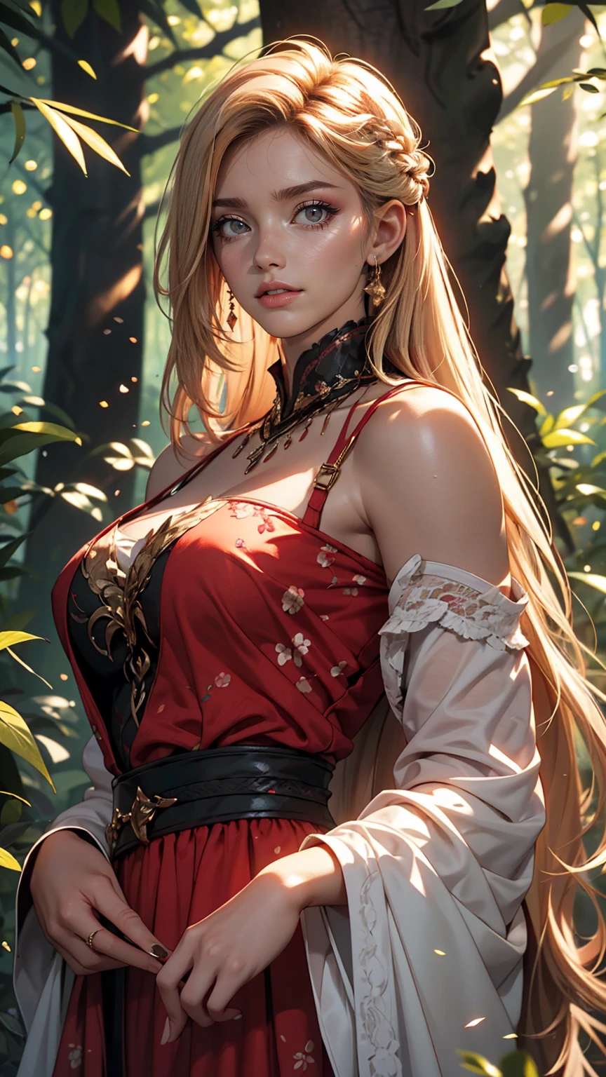 Beautiful girl with long white hair, Fair skin, And red eyes, In the woods with cinematic lighting, It&#39;s dark and there&#39;s little light. She is wearing a golden white dress, Her eyes were focused, Looking at the audience. Her skin is white, Her face was delicate and perfect., masterpiece, Top quality artwork. This image is an incredibly detailed 8K CG wallpaper., Cinematic tones with artistic cinema lighting and neutral filters.