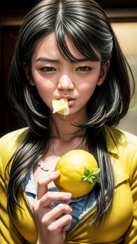 Lemon eating challenge、Girl、Sour face