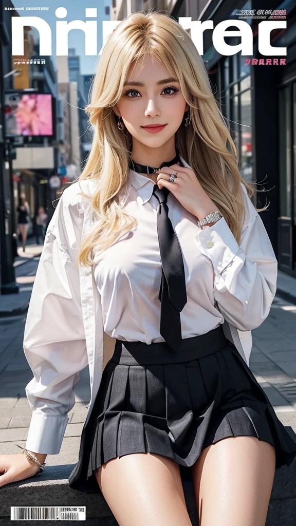 masterpiece, best quality, full body,
1girl, bangs, black choker, black necktie, blonde hair, blue skirt, blush, bracelet, breasts, choker, clothes around waist, collarbone, collared shirt, cowboy shot, dress shirt, ear piercing, eyebrows visible through hair, gradient hair, grin, gyaru, jewelry, kogal, long hair, looking at viewer, loose necktie, necktie, piercing, plaid, plaid skirt, pleated skirt, red eyes, ring, , shirt, skirt, smile, solo, white shirt,
street, sky, cherry blossoms, petals,illustration, (magazine:1.3), (cover-style:1.3), fashionable, woman, vibrant, outfit, posing, front, colorful, dynamic, background, elements, confident, expression, holding, statement, accessory, majestic, coiled, around, touch, scene, text, cover, bold, attention-grabbing, title, stylish, font, catchy, headline, larger, striking, modern, trendy, focus, fashion,