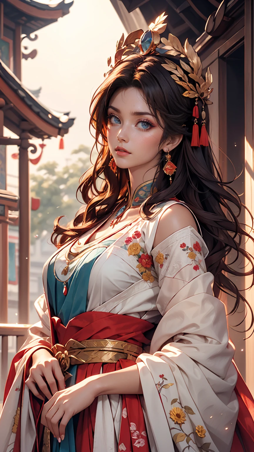 highest quality, masterpiece, Ultra-high-definition high-resolution, (Realistic: 1.4), Watercolor style, figure, Dazzling background colors,, A girl with a weapon, (Solo Exhibitions: 1.2), (デニムlens: 1.2), (Hair Crown: 1.2), Traditional costumes of Dunhuang, China, No straps, (Red eyeliner: 1.2), (: 1.4), Earrings, Dynamic Angle, Opera House, Messy_length_hair, ink, Cinema Lighting, lens_Flare, velvet, chrysanthemum, Tassel, ribbon, Color embroidery,