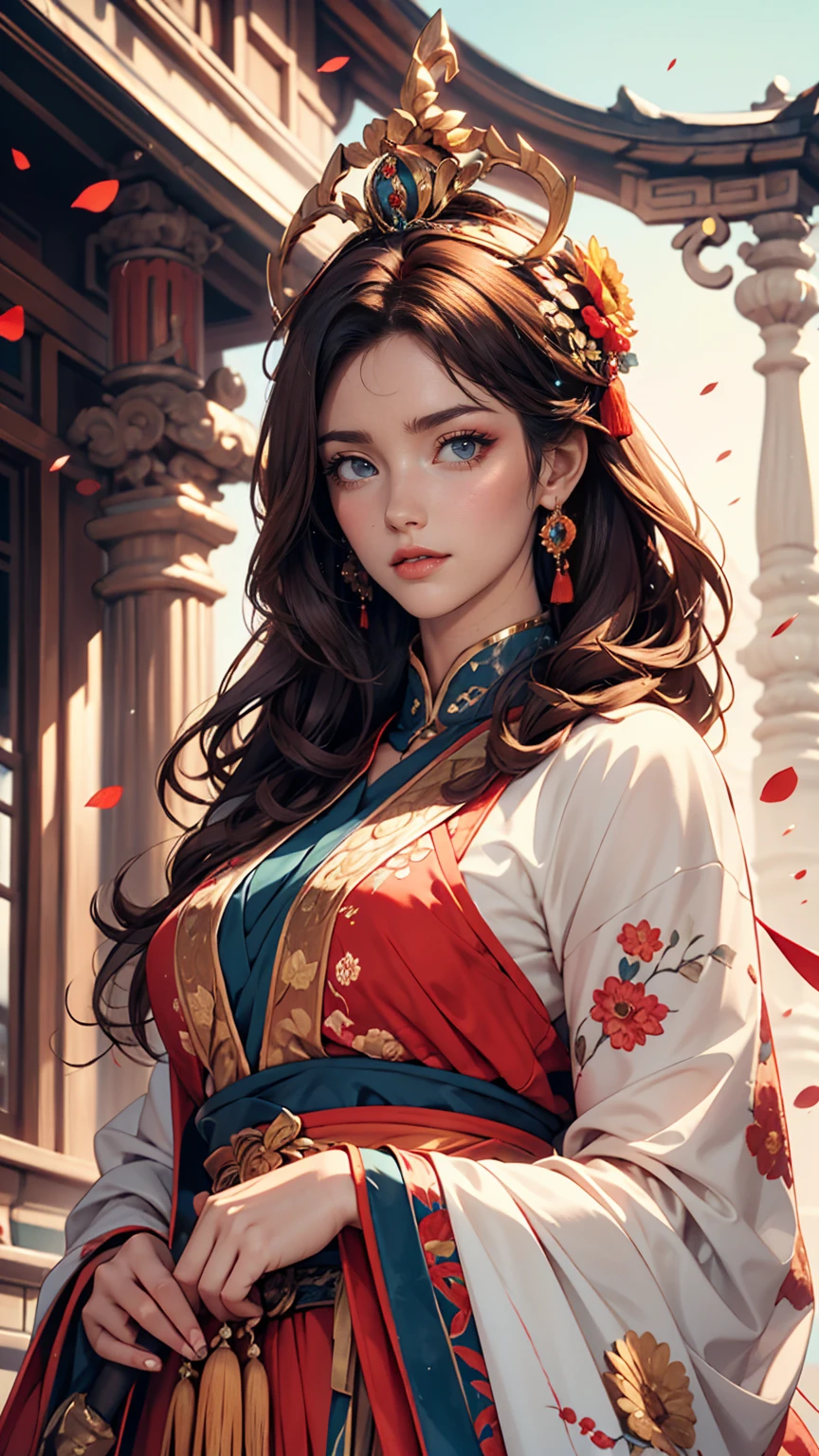 highest quality, masterpiece, Ultra-high-definition high-resolution, (Realistic: 1.4), Watercolor style, figure, Dazzling background colors,, A girl with a weapon, (Solo Exhibitions: 1.2), (デニムlens: 1.2), (Hair Crown: 1.2), Traditional costumes of Dunhuang, China, No straps, (Red eyeliner: 1.2), (: 1.4), Earrings, Dynamic Angle, Opera House, Messy_length_hair, ink, Cinema Lighting, lens_Flare, velvet, chrysanthemum, Tassel, ribbon, Color embroidery,