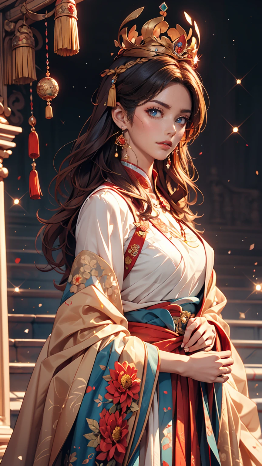 highest quality, masterpiece, Ultra-high-definition high-resolution, (Realistic: 1.4), Watercolor style, figure, Dazzling background colors,, A girl with a weapon, (Solo Exhibitions: 1.2), (デニムlens: 1.2), (Hair Crown: 1.2), Traditional costumes of Dunhuang, China, No straps, (Red eyeliner: 1.2), (: 1.4), Earrings, Dynamic Angle, Opera House, Messy_length_hair, ink, Cinema Lighting, lens_Flare, velvet, chrysanthemum, Tassel, ribbon, Color embroidery,