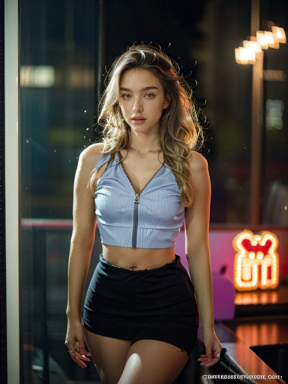 (Ultra-detailed eyes), (((transparent textile shading))), (((Best Quality))), (((masterpiece))) sassy girl, (((realistic:1.3 ))), a Thailand korean mixed girl with bright layered blonde bun hair, short Cyberpunk hairstyles choices, ((braid , gorgeous hair)), brown big eyes, (((retro futuristic unzipped sexy sensual seductive transparent bright grayish ripped clothes ))), ((sensual seductive pose)), (gorgeous, sassy, it girl), full waist up pose , upper knees pose , in empty spooky night carnival ride in the city at night, strong night carnival scary atmosphere, strong night carnival spooky atmosphere, eye on camera, racer first in line costume, carnival scary color, grayish Cyberpunk fashion choices