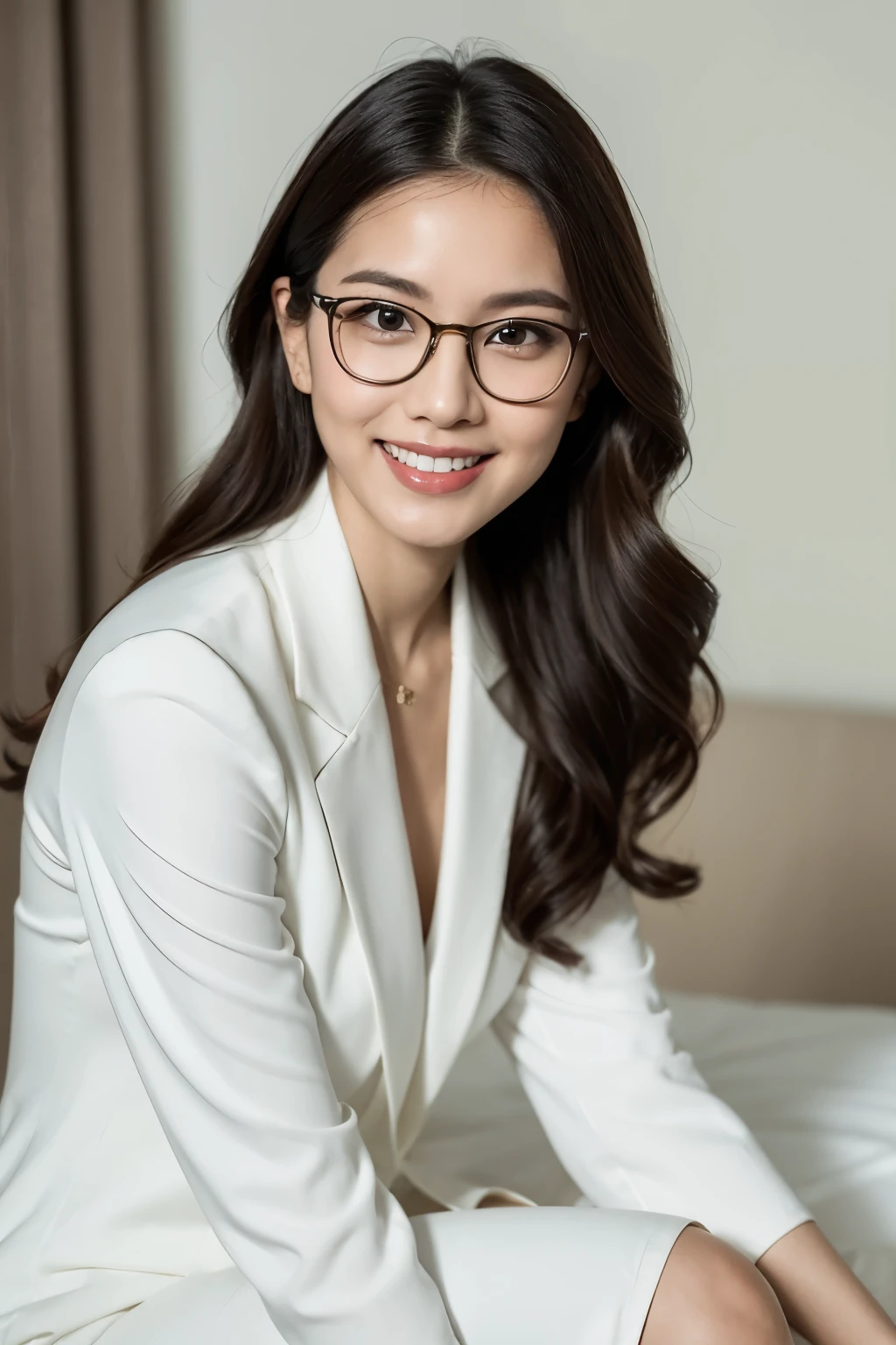 there is a woman sitting on a bed with a white dress, cindy avelino, julia sarda, wearing white suit and glasses, with an elegant smile, beautiful and smiling, charming smile, fanart, with glasses, by Robbie Trevino, wearing lab coat and a blouse, nivanh chanthara, with a seductive smile, portrait of modern darna
