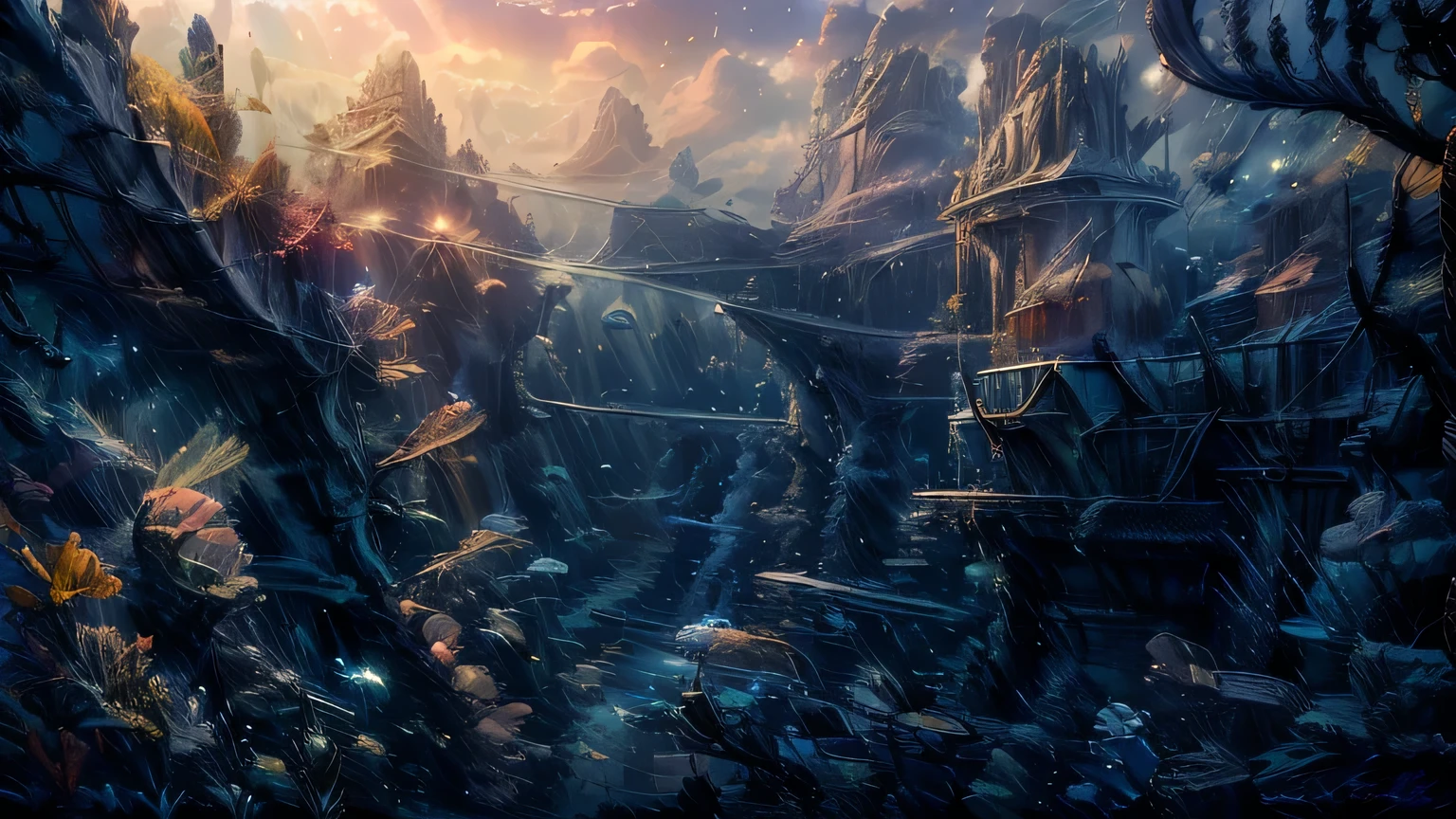 The home of the future,8K,Undersea city,Surrealism,high resolution,A mountain made of coral,The sun shines down from the sea,There are vines growing on the sea floor,Soft colors,There are marine life,There are spaceships and cars driving on the coral road