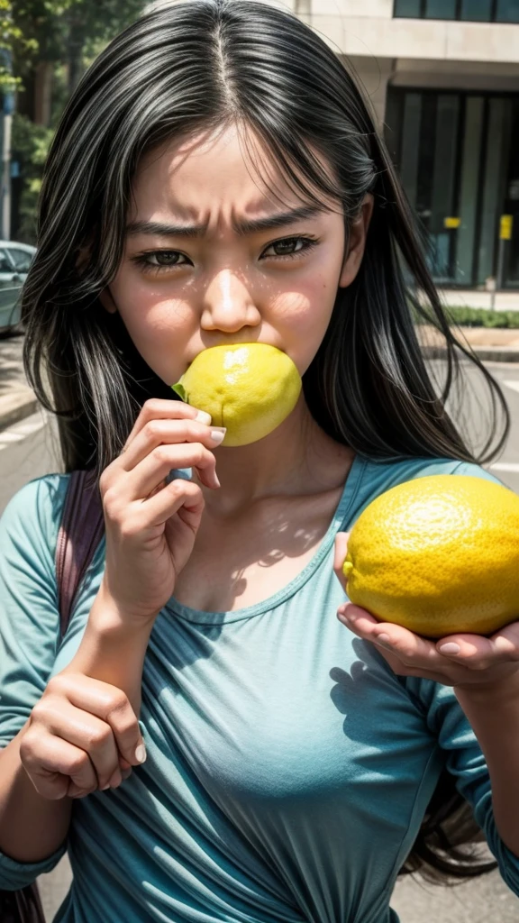 Lemon eating challenge、Girl、Sour face