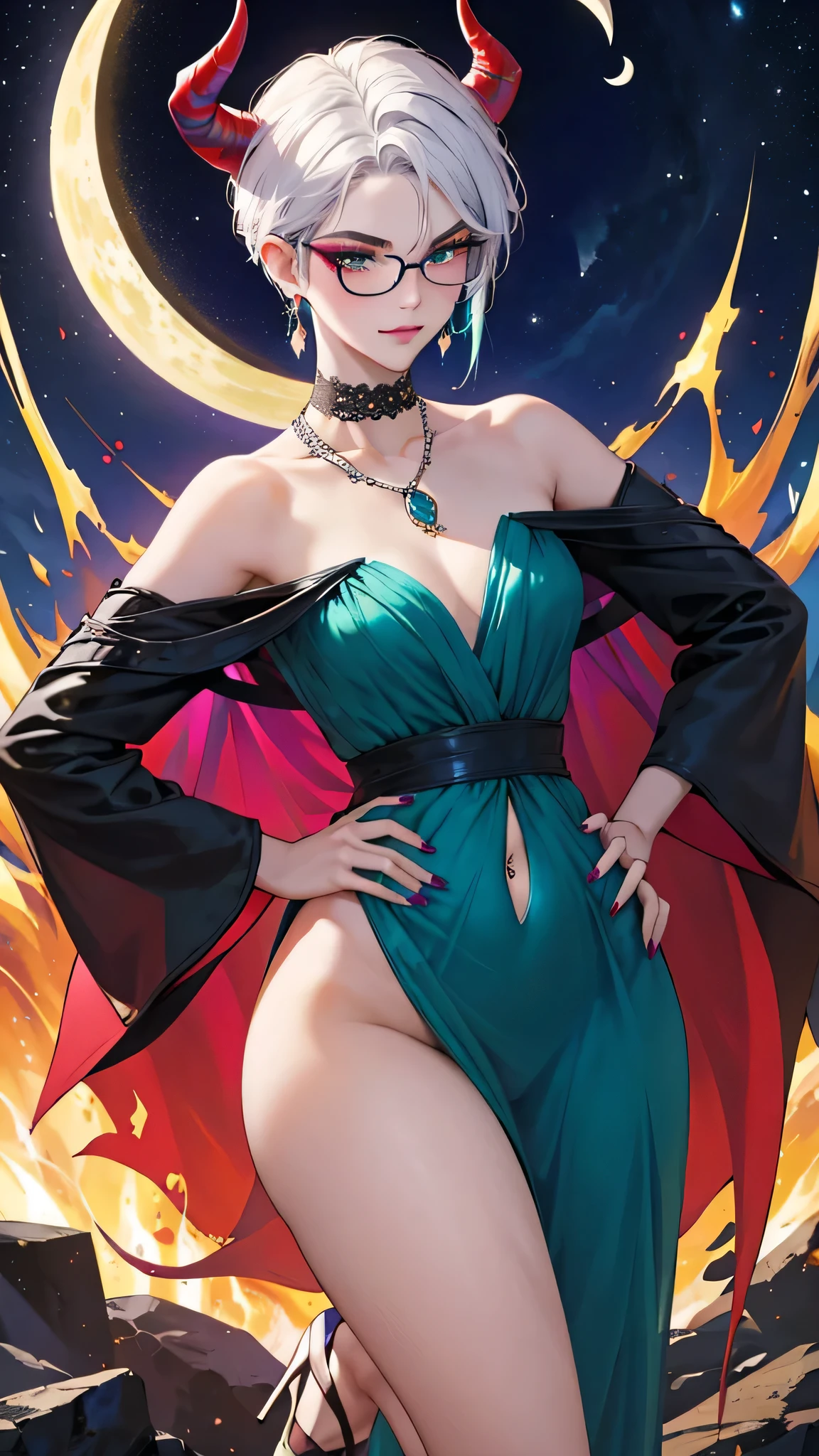 8k, masterpiece, best quality, highly detailed, 1 girl, tiefling, warlock, multicolored hair, very short straight hair green highlight hair on white hair, strippled hair, wearing glasses, round glasses, earrings, elegant dress, see-thru, red eyeshadow, long eyelashes, blushed cheek, necklace, navel piercing, collarbone, high heels, mole, glamorous, teal and violet clothing, villainy, smirk, seductive face, close up view, rings, looking at viewer, standing, demon horns, red nails, solo, starry night, plain, crescent moon, hands on hip.