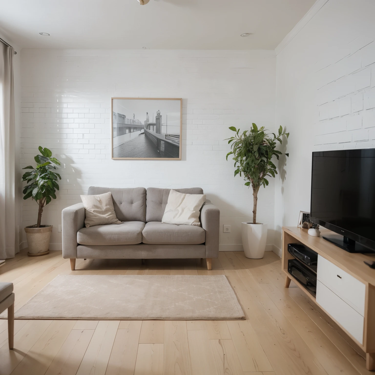 create a realistic photo of an exclusive living room, a wall made of old 19th century brick in white, a corner sofa, a table with chairs, a chest of drawers, a wardrobe, a TV on the wall, a clock, room furniture, decorations, plants, flowers. subdued colors, 1:1 proportion, clean design, premium living room design, modern look, different views from different sides, realistic photo, modern style, photorealistic, 3D render.