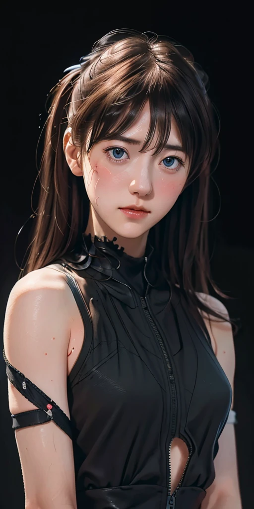 (((Realistic)))picture, masterpiece, highest quality, One Girl, Plump body, highest quality, Pale-skinned, Ryu Asuka Langle, Plug Suit 02, Black background, (Face and eye details:1.1), Earth Eye、Individuality, blush, ((Shy)), Very delicate and beautiful girl, Dynamic Pose,Torn battle uniform、Scraps of clothing、sweating、過度のsweating、Sweaty body、