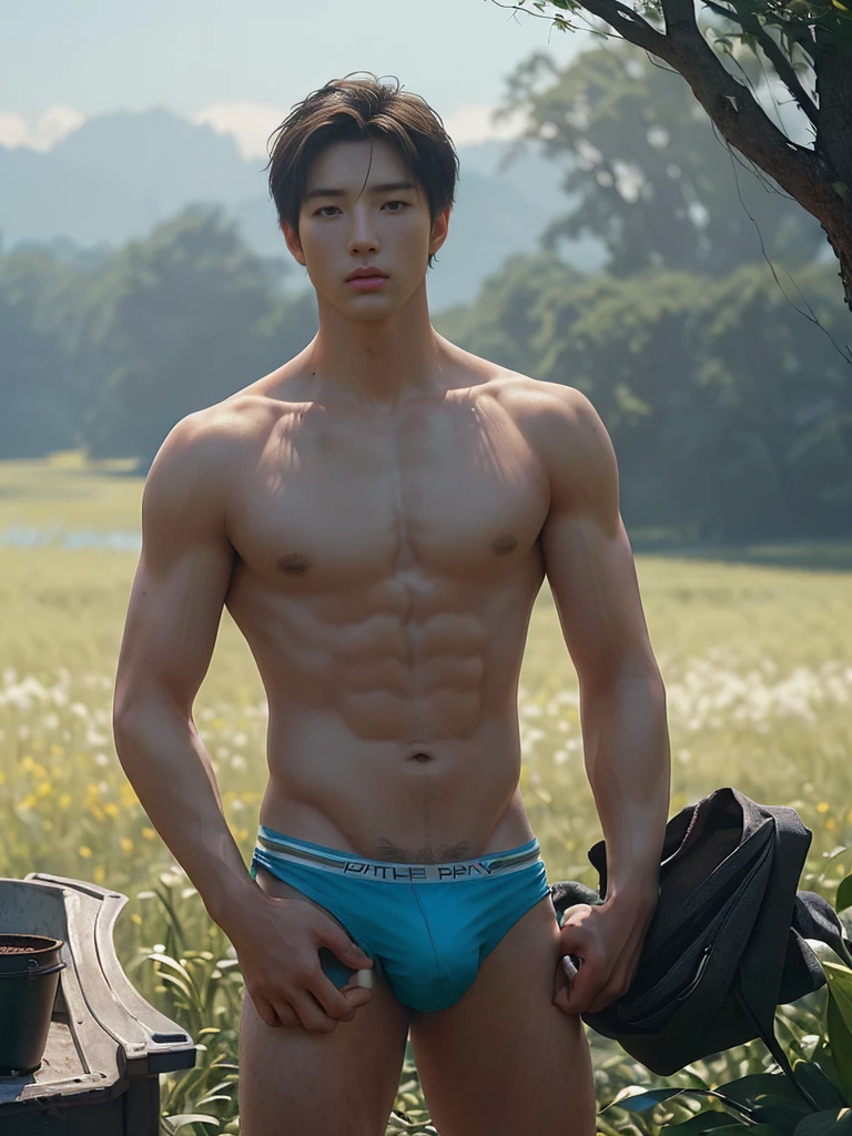 1Man, ((male model )) heaty skin, masterpiece, best quality, most handsome man in the world, by Shen Quan, prefect body, beautiful male model, an attractive man 18-24 years old aesthetic, at spring flower booming, green fields, spring, plains, trees, flower, blue sky, ruggedly handsome young man wearing a sexy bikini underwear, shirtless, (Male Focus), ((smooth body)), super cute, dynamic pose, cool and seductive, dramatic lighting, full body shot, full body shot, youthful face, full body, body without hair, thin and tall, fit body, dominant, Caucasian or white skin, youthful face, firm body, high definition, natural flesh tones, soft light, highly detailed, looking at viewer, photography, detailed skin, real person, realistic, photo-realistic, insanely detailed, face detail, hype maximalist, hype hyperrealism, cinematic, telephoto, lighting intricate details, highly detailed, highly detailed, digital painting, artstation, concept art, smooth, sharp focus, illustration, Unreal Engine 5, 8K, art by Ross Tran and greg rutkowski and alphonse Mucha, UHD, 8k, show only male.8k uhd, dslr, dim lighting, high quality, film grain, Fujifilm XT3, male only fan,2 mans, pair model.