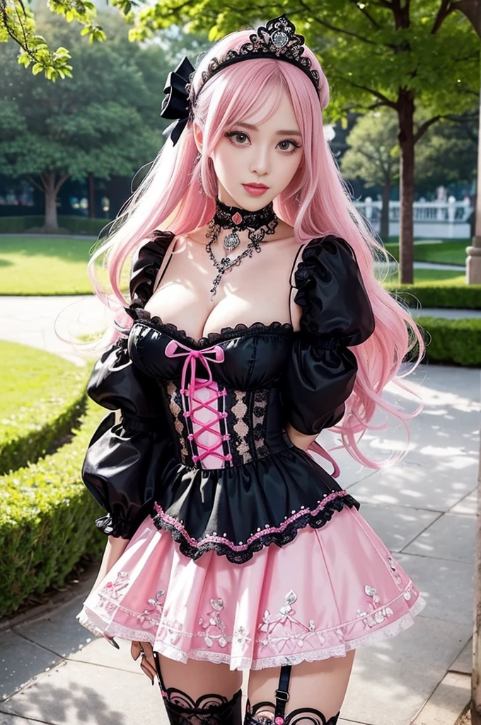 sexy stylish Swedish model, only 1 female, ((doll-like appearance)), long neon pink stylish hair, ((shiny Victorian-Style boots)), beautiful smile, ultra detailed eyes, vivid eye makeup, lipgloss, long lashes, defined eyebrows, ((sexy Paradise Kiss cosplay)), bell-shaped skirt, petticoats, high neckline, puffed sleeves, (( ultra detailed lace)), ((ultra detailed embroidery)), intricate details, Paradise Kiss accessoires and matching headpiece, choker, ((large sparkling Paradise Kiss jewelry)), cinematic light, detailed large park background with trees