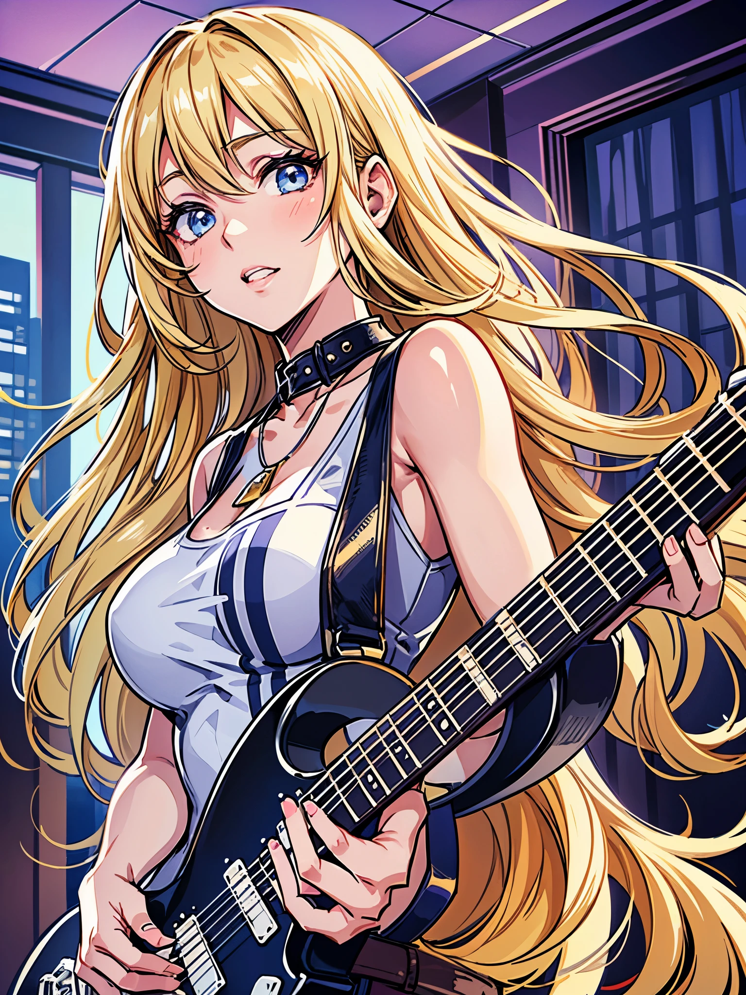 full body, walking pose, slow motion, a woman playing guitar, blue short dress, (detail fabric clothing ), hair, long wildly blonde hair, detail face, ((highly detailed skin, visible pores, long hair, with necklace detail jewellery)), tone body, large breasts, (insanely detailed, bloom:1.5), (highest quality, Alessandro Casagrande, Greg Rutkowski, Sally Mann, concept art, 4k), (analog:1.2), (high sharpness), (detailed pupils:1.1), (painting:1.1), (digital painting:1.1), detailed face and eyes, Masterpiece, best quality, (gothic makeup, eyes shadow and smirking smile, sexy, skinny, thick bangs, beauty), (highly detailed photo:1.1), 8k, photorealistic, automatic white balance, mastoid process, invisible hand, HDR, ((detail background, big concert stage, live performance mucis festival, rock band)), By jeremy mann, by sandra chevrier, by maciej kuciara, sharp, (perfect body:1.1), realistic, real shadow, 3d, (by Michelangelo)