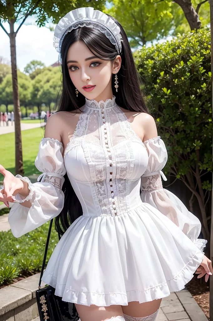 sexy stylish Spanish model, only 1 female, ((doll-like appearance)), ((ultra detailed Victorian-Style boots)), big smile, ultra detailed eyes, vivid eye makeup, lipgloss, long lashes, defined eyebrows, ((sexy Paradise Kiss cosplay)), bell-shaped skirt, petticoats, high neckline, puffed sleeves, ((ultra detailed lace)), ((ultra detailed embroidery)), intricate details, Paradise Kiss accessoires and matching headpiece, choker, ((large sparkling Paradise Kiss jewelry)), cinematic light, detailed large park background with trees