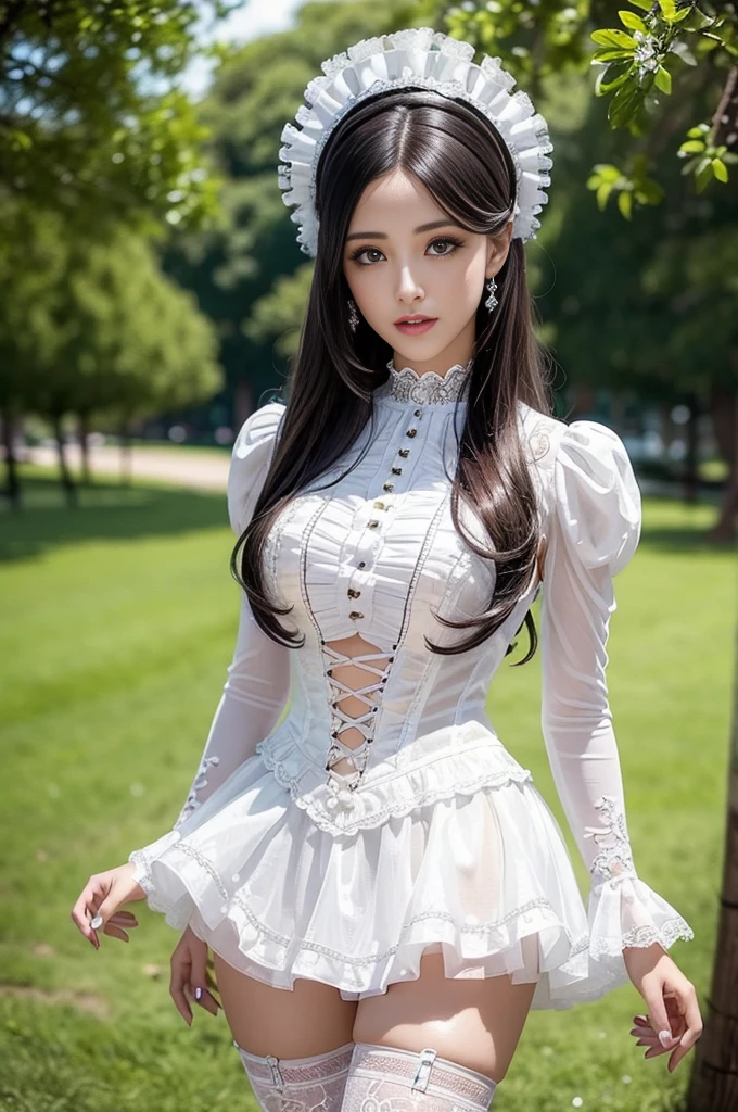 sexy stylish Spanish model, only 1 female, ((doll-like appearance)), ((ultra detailed Victorian-Style boots)), big smile, ultra detailed eyes, vivid eye makeup, lipgloss, long lashes, defined eyebrows, ((sexy Paradise Kiss cosplay)), bell-shaped skirt, petticoats, high neckline, puffed sleeves, ((ultra detailed lace)), ((ultra detailed embroidery)), intricate details, Paradise Kiss accessoires and matching headpiece, choker, ((large sparkling Paradise Kiss jewelry)), cinematic light, detailed large park background with trees