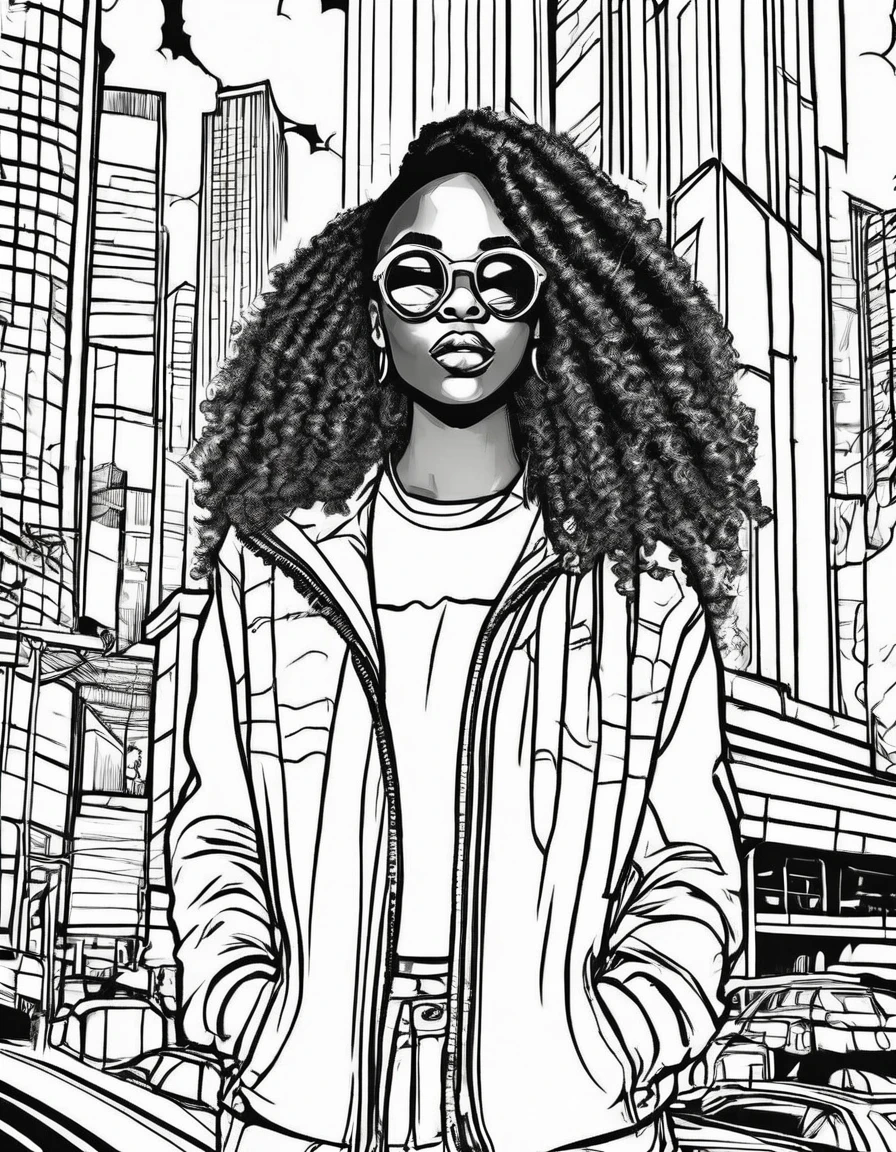 black and white coloring book of african american teen wearing fashionable urban wear 