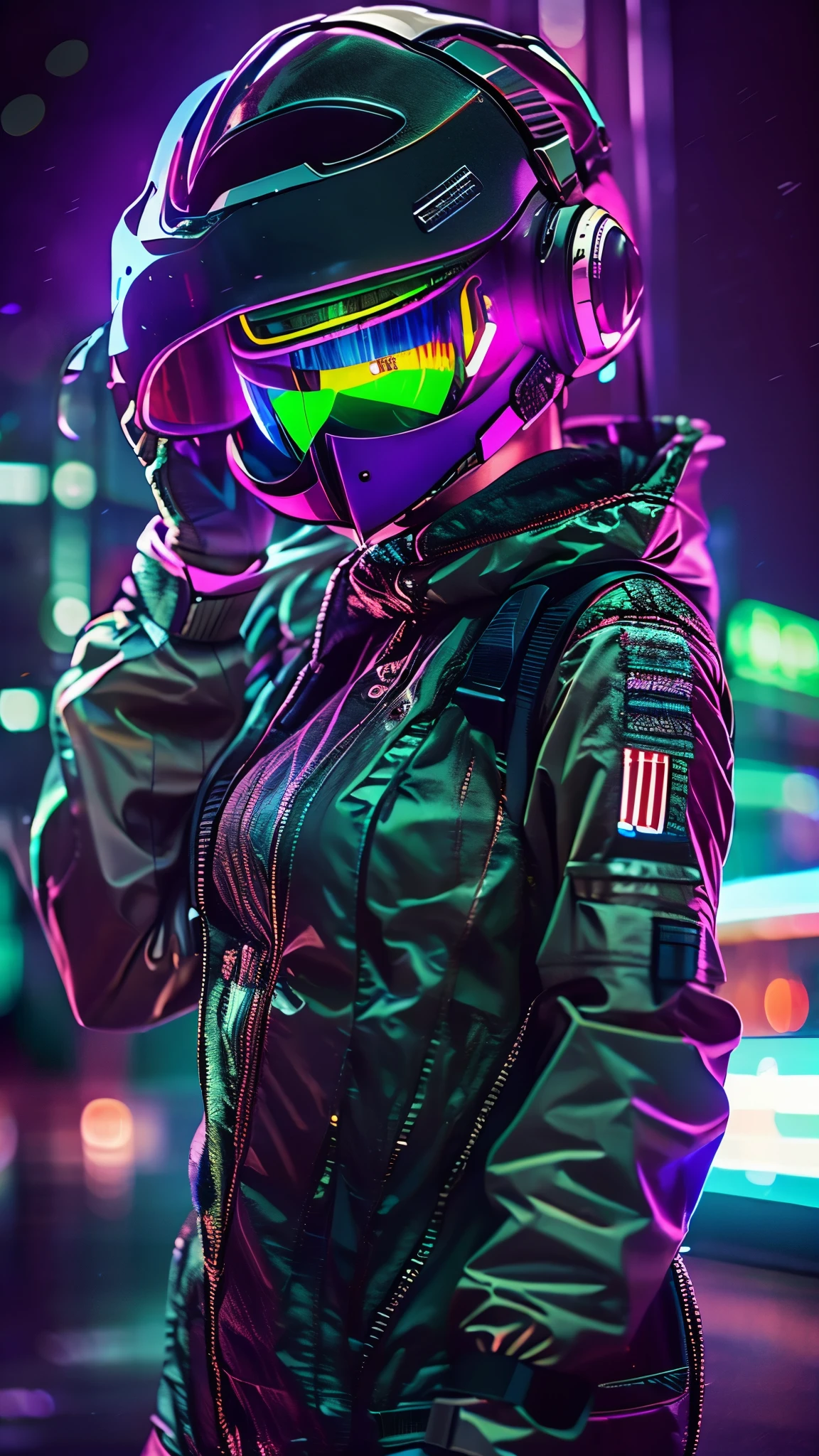 (good structure),high dynamic range,ultra high definition,8k,1 girl,blurred background,cyberpunk protective clothing,cyberpunk protective helmet,Glowing helmet,Neon lamp,neon color,oblique body,night,Mask screen reflections,depth of field,Upper body,cyberpunk,ground vehicle,lamp,neon lamp,pilot suit,alone