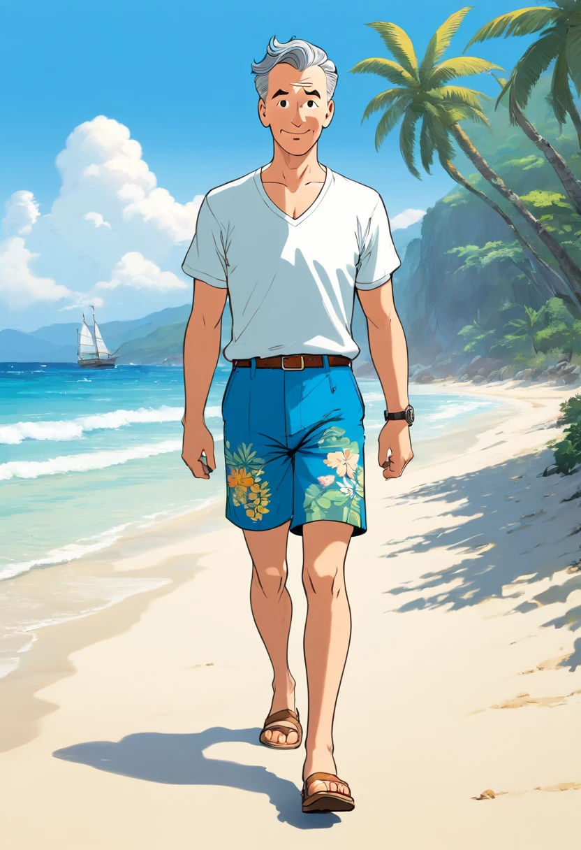 Tintin, male 50 years old wearing white v neck t-shirt and floral blue bermuda shorts walking on a tropical beach, slick and neat short dark grey hair, herge, european comics