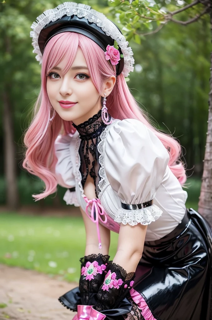 sexy stylish Swedish model, only 1 female, ((doll-like appearance)), long neon pink stylish hair, ((shiny Victorian-Style boots)), big smile, ultra detailed eyes, vivid eye makeup, lipgloss, long lashes, defined eyebrows, ((sexy Paradise Kiss cosplay)), bell-shaped skirt, petticoats, high neckline, puffed sleeves, ((ultra detailed lace)), ((ultra detailed embroidery)), intricate details, Paradise Kiss accessoires and matching headpiece, choker, ((large sparkling Paradise Kiss jewelry)), cinematic light, detailed large park background with trees 