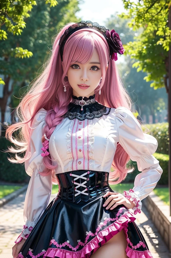 sexy stylish Swedish model, only 1 female, ((doll-like appearance)), long neon pink stylish hair, ((shiny Victorian-Style boots)), big smile, ultra detailed eyes, vivid eye makeup, lipgloss, long lashes, defined eyebrows, ((sexy Paradise Kiss cosplay)), bell-shaped skirt, petticoats, high neckline, puffed sleeves, ((ultra detailed lace)), ((ultra detailed embroidery)), intricate details, Paradise Kiss accessoires and matching headpiece, choker, ((large sparkling Paradise Kiss jewelry)), cinematic light, detailed large park background with trees