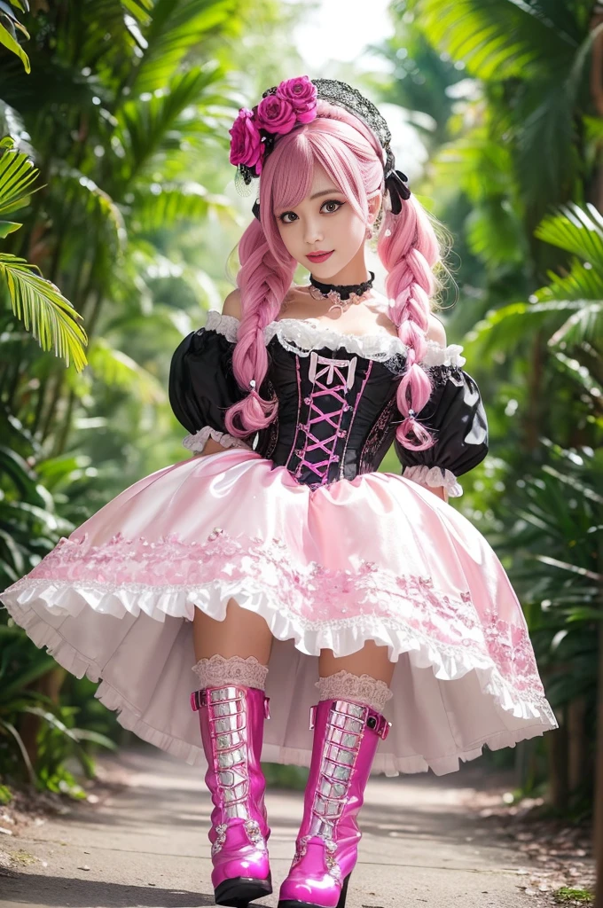 sexy stylish Swedish model, only 1 female, ((doll-like appearance)), long neon pink stylish hair, ((shiny Victorian-Style boots)), big smile, ultra detailed eyes, vivid eye makeup, lipgloss, long lashes, defined eyebrows, ((sexy Paradise Kiss cosplay)), bell-shaped skirt, petticoats, high neckline, puffed sleeves, ((ultra detailed lace)), ((ultra detailed embroidery)), intricate details, Paradise Kiss accessoires and matching headpiece, choker, ((large sparkling Paradise Kiss jewelry)), cinematic light, detailed large park background with trees 