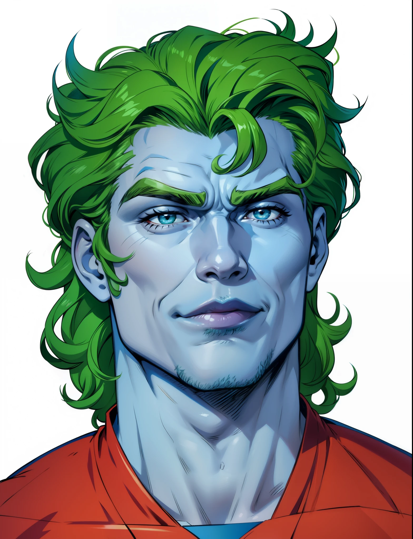 Captain Planet, Henry Cavill, extremamente realista, pele azul, cabelo verde, forte, musculoso, uniforme com detalhes vermelho, bota vermelha,