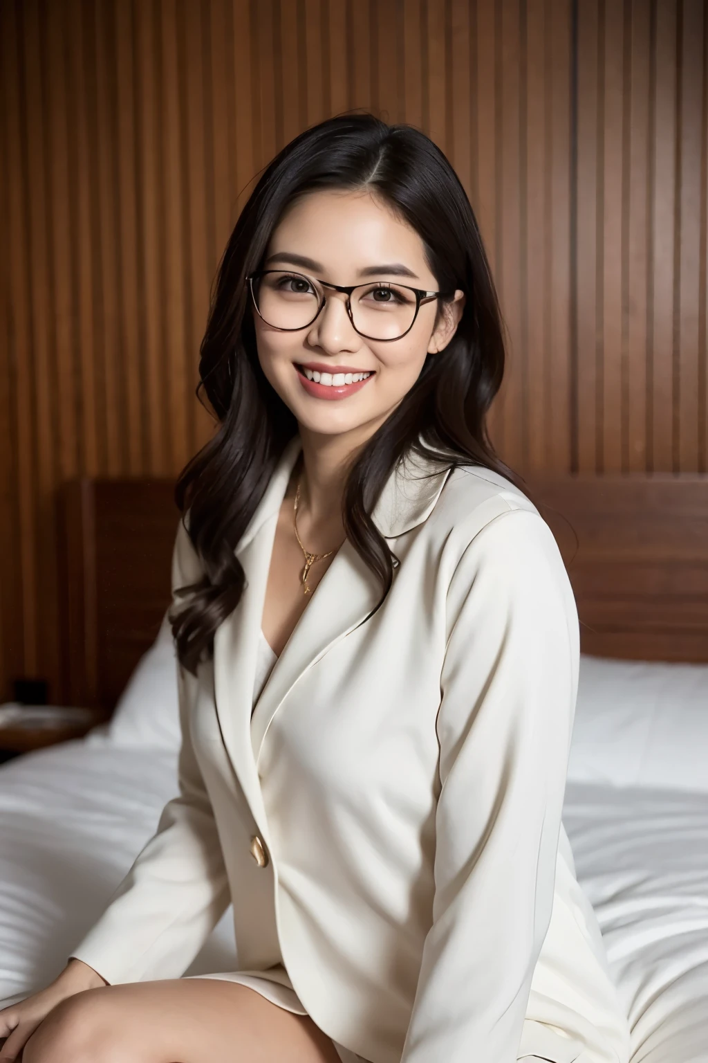 there is a woman sitting on a bed with a white dress, cindy avelino, julia sarda, wearing white suit and glasses, with an elegant smile, beautiful and smiling, charming smile, fanart, with glasses, by Robbie Trevino, wearing lab coat and a blouse, nivanh chanthara, with a seductive smile, portrait of modern darna