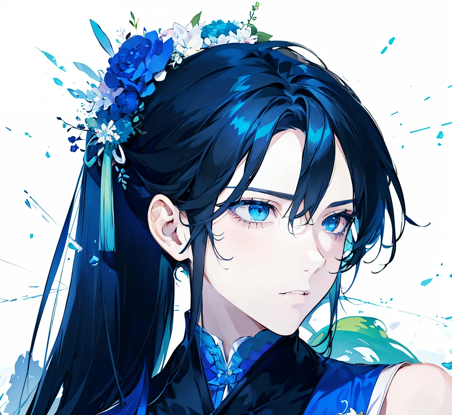 high resolution、high quality、Black Hair、Blue-green eyes、Hairpin、An earnest-looking young man、male