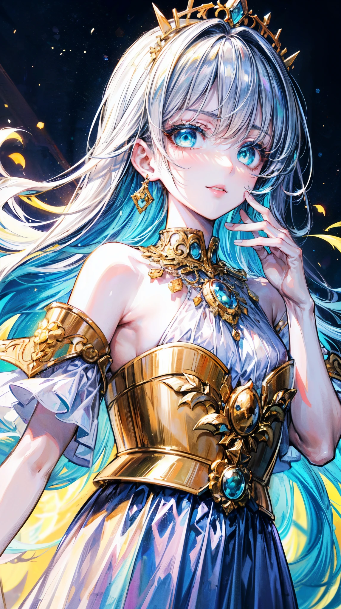 (masterpiece:1.3),(best quality:1.3),(high quality:1.3),(8K),(大型數位藝術masterpiece),(Detailed manga illustrations),(Intricate details:1.3),(Extremely detailed:1.3),(illustration:1.3),(Clear focus:1.3),(Natural Lighting:1.05),(Bright colors:1.8),(Facial lighting:1.1),(The face is well-lit:1),(Perfect face:2),(Pretty Face:2),(sultry eyes:1.4),(beautiful eyes:2),Extremely detailed CG,Detailed anime art,((perfect)) anatomy, perfect手,Extremely detailed face,Extremely detailed eyes,extremely detailed body,extremely delicate fingers,Dynamic Hair,Carefully edited photography,(((nice images))), a master piece of storytelling, An image of the inside of a golden luxury palace with white marble and golden furnishings, (a boy:1.2) Wear formal attire and elaborate headdress, necklace, boy, Shota, Full set of accessories,Crystal material,ribbon, Filigree,Rococo style clothing,Cute anime boy in beautiful clothes,(floating long dress: 1.5),(Clothes in (blue) and white),Off-shoulder tops,Extra long hair,Off-shoulder white top,Round youthful face,necklace,Clear big eyes,Long eyelashes,Slim waist,Light makeup,Straight teeth, Smile,((In the dark night:1.5)),Starry Sky, galaxy,aurora,castle,palace,marble,moonlight illuminating the castle,(Very detailed background:1.5),(whole body:1.7),Model shooting style,Extremely tense and dramatic scene,Colorful lights, Dazzle,Indoor lighting,((light)), (Ray traced reflections, glow),Volumetric Light,Atmospheric lighting,(Natural Lighting:1.3),Model shooting style,Diagonal composition,