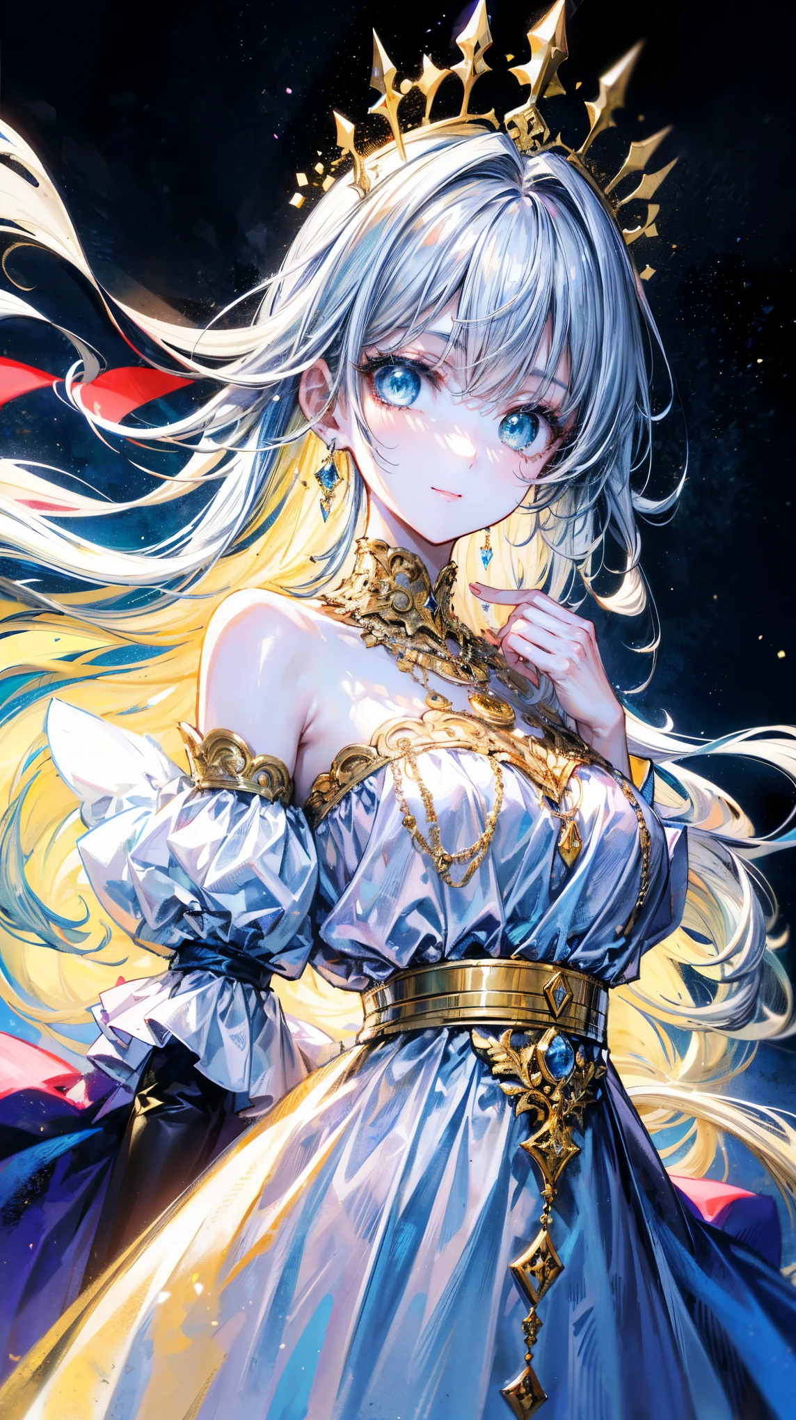 (masterpiece:1.3),(best quality:1.3),(high quality:1.3),(8K),(大型數位藝術masterpiece),(Detailed manga illustrations),(Intricate details:1.3),(Extremely detailed:1.3),(illustration:1.3),(Clear focus:1.3),(Natural Lighting:1.05),(Bright colors:1.8),(Facial lighting:1.1),(The face is well-lit:1),(Perfect face:2),(Pretty Face:2),(sultry eyes:1.4),(beautiful eyes:2),Extremely detailed CG,Detailed anime art,((perfect)) anatomy, perfect手,Extremely detailed face,Extremely detailed eyes,extremely detailed body,extremely delicate fingers,Dynamic Hair,Carefully edited photography,(((nice images))), a master piece of storytelling, An image of the inside of a golden luxury palace with white marble and golden furnishings, (a boy:1.2) Wear formal attire and elaborate headdress, necklace,little boy, Shota, Full set of accessories,Crystal material,ribbon, Filigree,Rococo style clothing,Cute anime boy in beautiful clothes,(floating long dress: 1.5),(Clothes in (blue) and white),Off-shoulder tops,Extra long hair,Off-shoulder white top,Round youthful face,necklace,Clear big eyes,Long eyelashes,Slim waist,Light makeup,Straight teeth, Smile,((In the dark night:1.5)),Starry Sky, galaxy,aurora,castle,palace,marble,moonlight illuminating the castle,(Very detailed background:1.5),(whole body:1.7),Model shooting style,Extremely tense and dramatic scene,Colorful lights, Dazzle,Indoor lighting,((light)), (Ray traced reflections, glow),Volumetric Light,Atmospheric lighting,(Natural Lighting:1.3),Model shooting style,Diagonal composition,