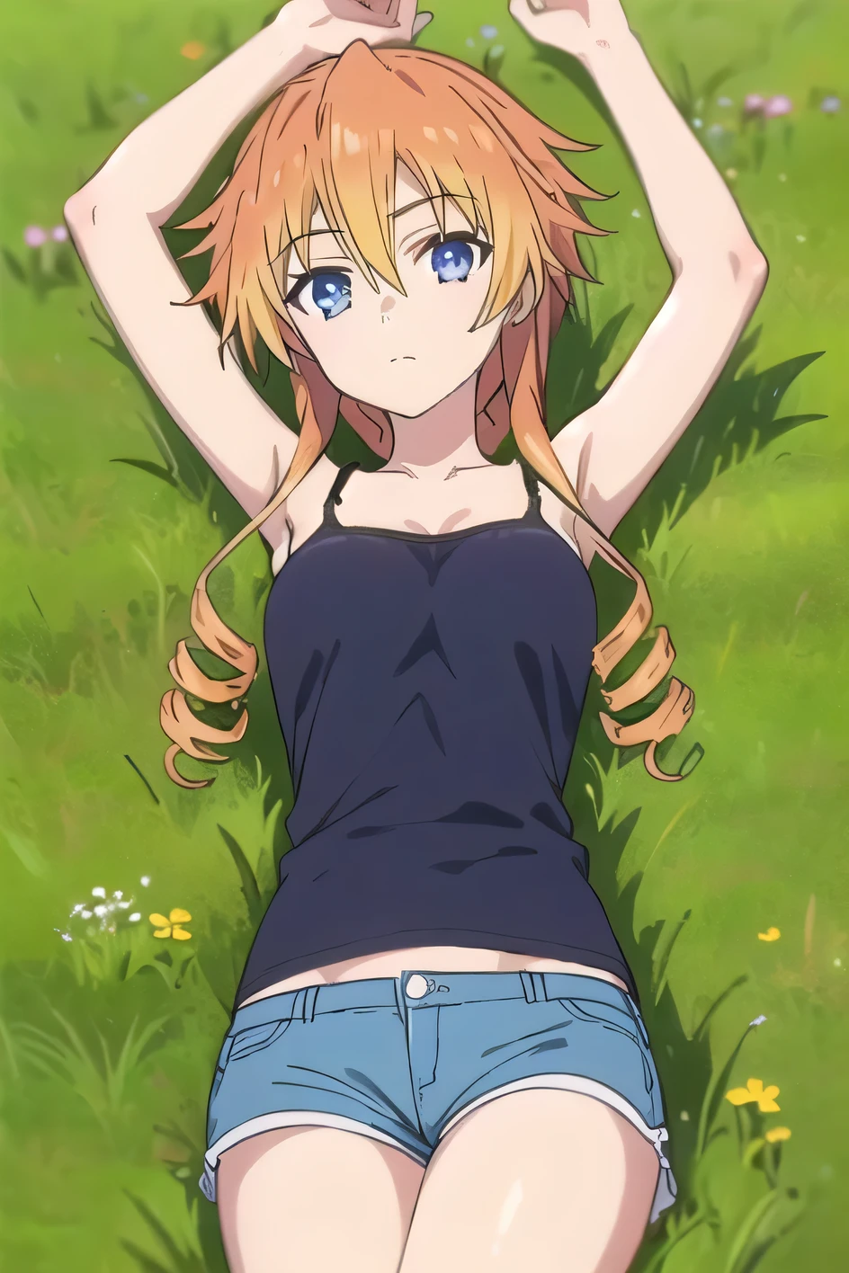 solo, 1girl, yuzuru yamai, camisole, shorts, white camisole, blue shorts, looking at viewer, closed mouth, on back, on grass, arms up, expressionless, (cowboy shot:1.5), lying, best quality,