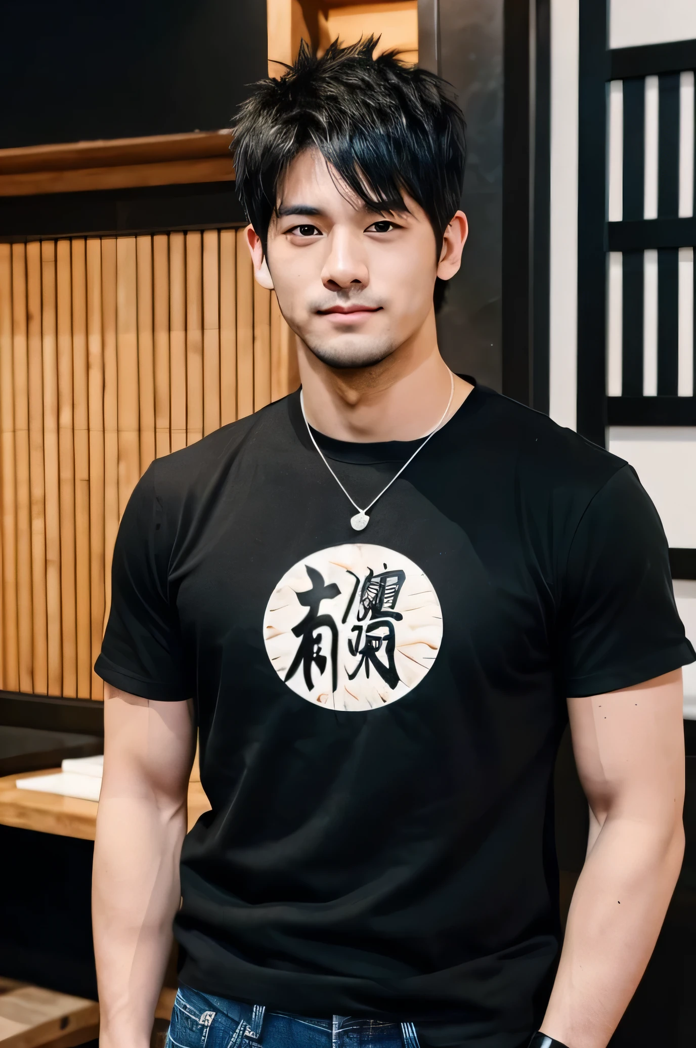 1 man, wolf cut hair, black eyes, handsome face, muscular, wearing black necklace, wearing black tank top, denim jeans, white sneakers, cool expression, ((standing in a Japanese ramen shop))), (Night) 