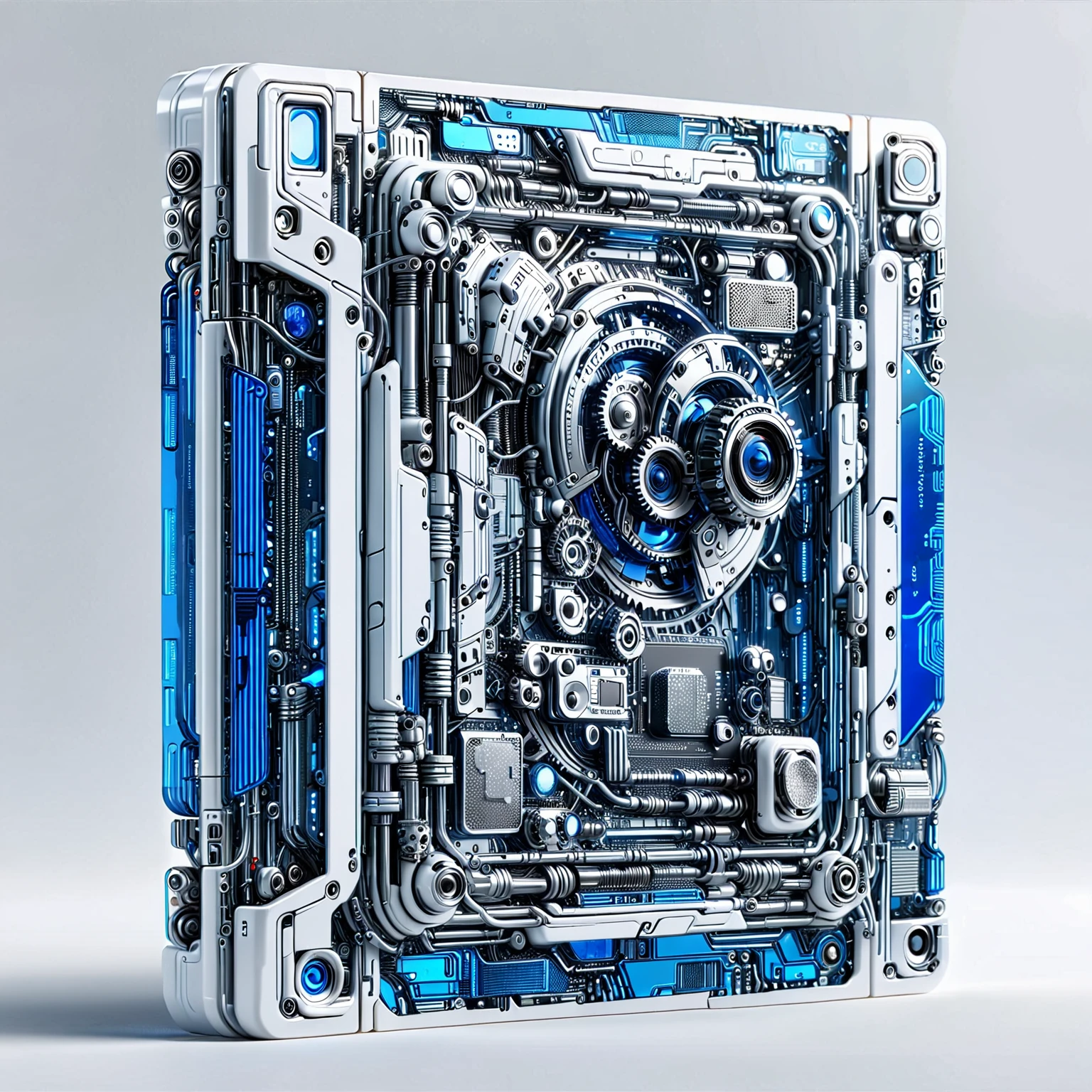 (Metal card:1.5), Digital Art，Cyberpunk，(White ceramic housing:1.5)，blue transparent glass，3D rendering，ray tracing，Reasonable structure，Complex internal structure,(Clear lines, High sharpness,best quality, masterpiece, 4K ),ais-mechdystopia