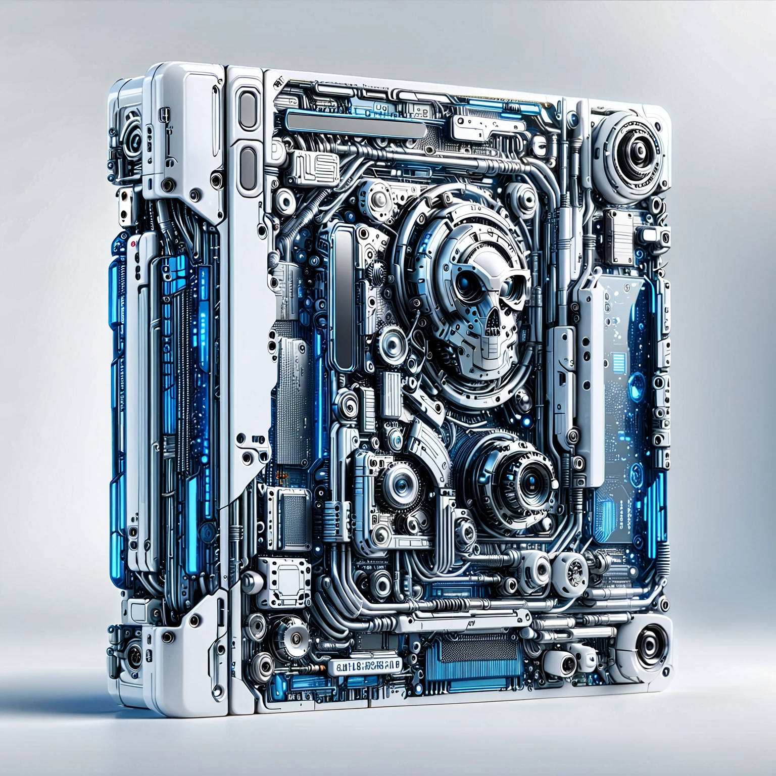 (Metal card:1.5), Digital Art，Cyberpunk，(White ceramic housing:1.5)，blue transparent glass，3D rendering，ray tracing，Reasonable structure，Complex internal structure,(Clear lines, High sharpness,best quality, masterpiece, 4K ),ais-mechdystopia