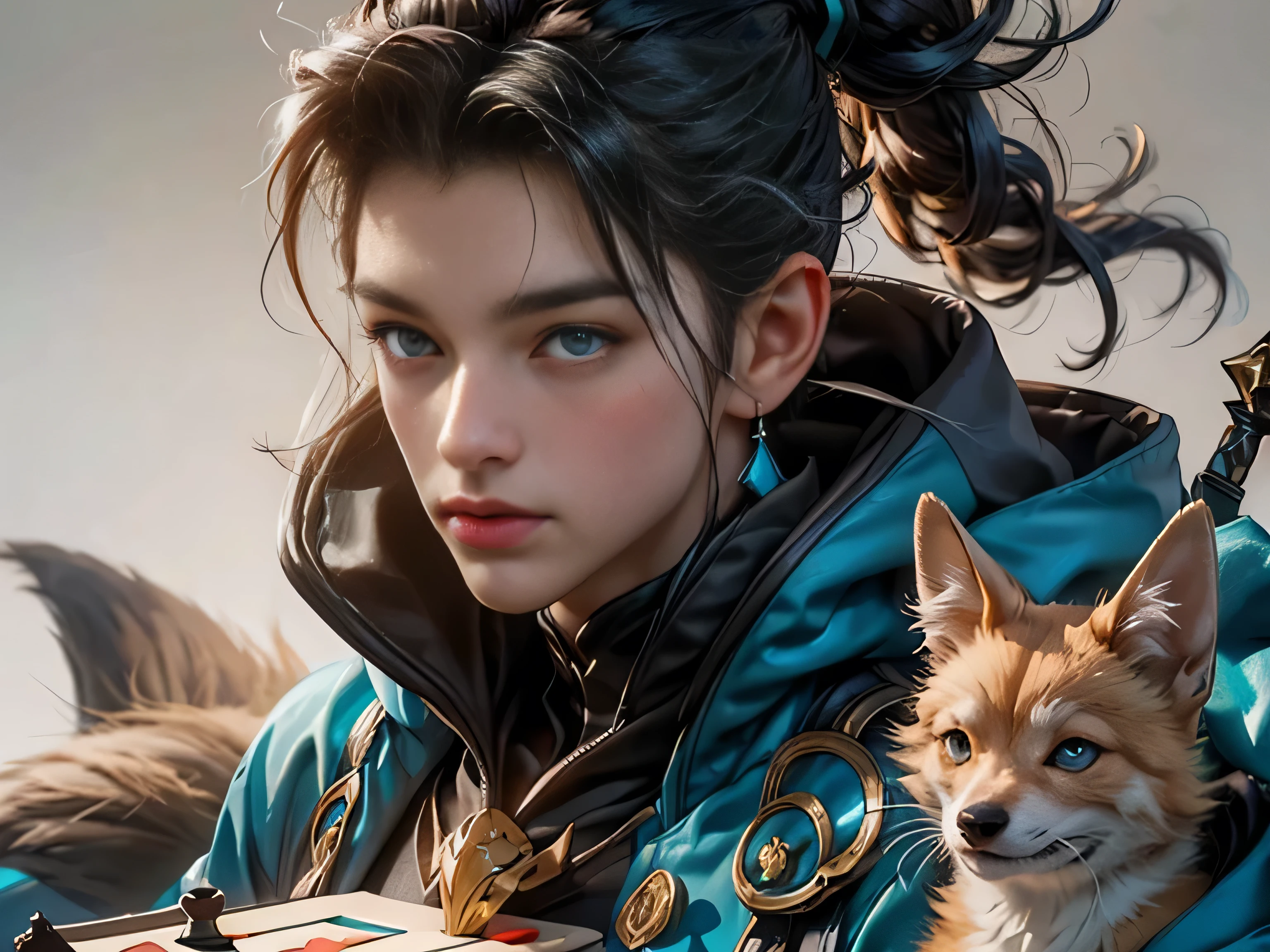 (Best quality, 8K, masterpiece, HDR, soft lighting, perfect image, realistic, Bright), a guy and a fox girl play Go against the backdrop of a mountain waterfall, landscape with a mountain waterfall in the background, sitting foxes guy and girl behind a goban (Go board), [(handsome man, he has beautiful blue eyes and a kind smile, black hair, naked torso with developed body, (Beautiful fox girl with green eyes, red hair, innocent expression)], (Fantasy ultra high quality art, latest fantasy), masterpiece, Ultra high quality male and female character designs, anime art with 8k development, realistic anime art, wallpaper illustrations of the highest quality, complex ultra-high quality accurate faces of male and female characters, high quality design and precision physics (ultra high quality fantasy style)), art, dark fantasy)) Style), Masterpieceы, super quality characters, resolution anime - 8k, realistic anime art, highest quality wallpaper illustration, Ultra-high facial detail, high-quality design and physics accuracy), by color, depth of field, to the shadows, ray tracing, high quality and production of computer wallpapers in 8K resolution. (Accurate simulation of the interaction of light and material)], [Carefully detailed hair [Read more about beautiful and shiny hair]], (Perfectly detailed hands [perfect fingers [Beautiful nails]], (perfect anatomy (perfect proportions)) [[ Look at full growth]], [Ideal color coordination (Accurate simulation of the interaction of light and material)], [art, conveying the meaning of history], [game in Go]