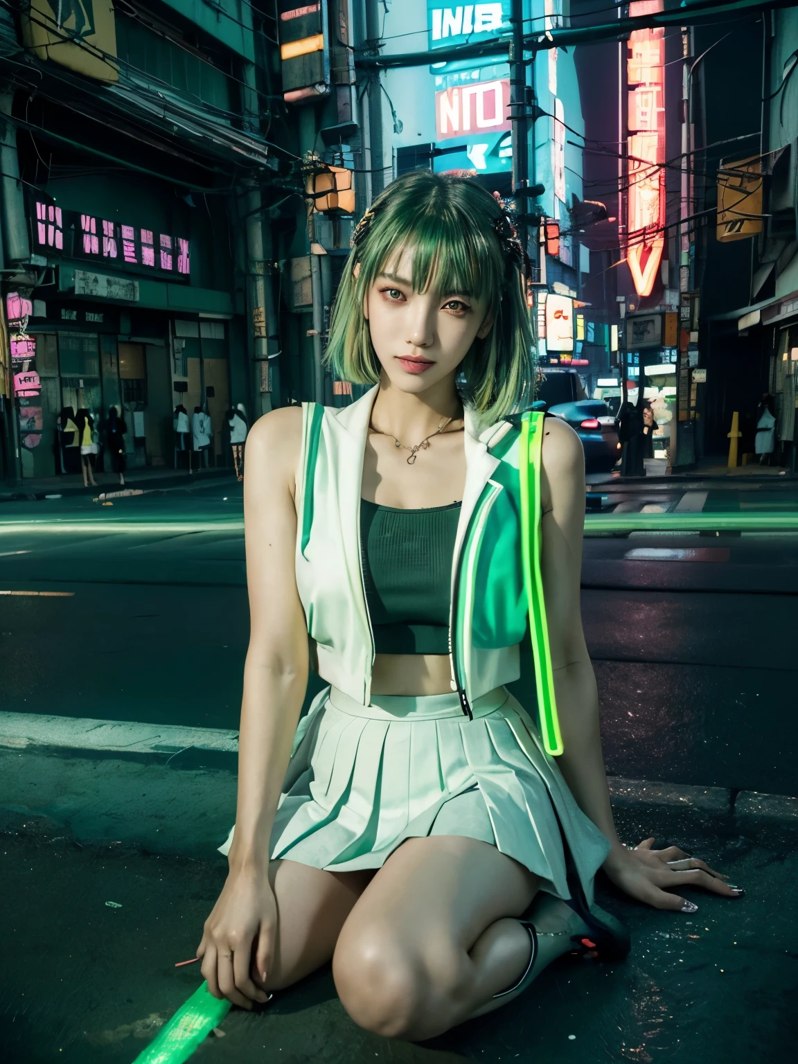 (((cyberpunk world))), (masterpiece, of the highest quality, Best Quality, Official art, Beautiful and aesthetic:1.2), (1 girl:1.4), 16 years old, super short cut hair, (green hair:1.4), (highly detailed:1.3), (Colorful:1.5), (mechanical modification:1.3), (high school girl:1.3), white skin, (Fox eyes:1.2), Japanese girl, (neon background:1.4), (neon city:1.75), night, large breasts, (high school uniform:1.5), Glossy lips, Glamorous figure, pleated skirt, (private school uniform), Beautiful collarbone, beautiful thigh, Beautiful legs, barefoot, high-heels, makeup, (cyberpunk:1.4), (looking at viewer:1.3), colossal tits, Detailed skin texture, Detailed cloth texture, smile, Beautiful detailed face, Intricate details, Ultra detailed