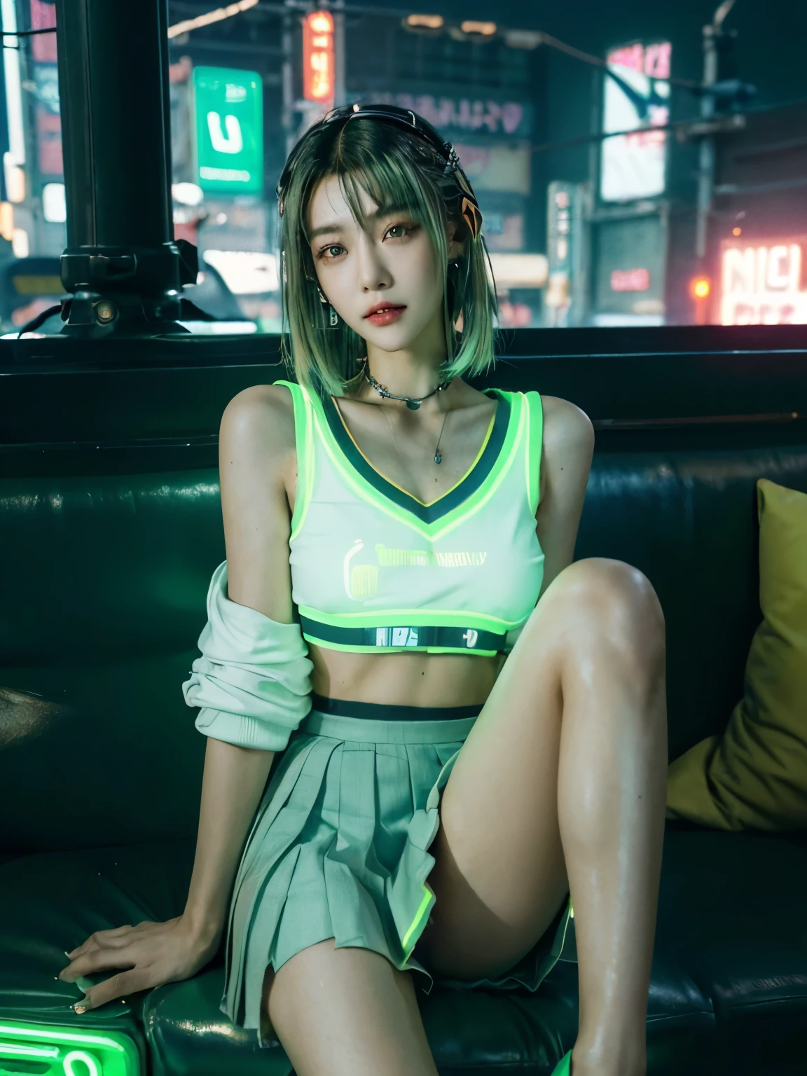 (((cyberpunk world))), (masterpiece, of the highest quality, Best Quality, Official art, Beautiful and aesthetic:1.2), (1 girl:1.4), , super short cut hair, (green hair:1.4), (highly detailed:1.3), (Colorful:1.5), (mechanical modification:1.3), (high school girl:1.3), white skin, (Fox eyes:1.2), Japanese girl, (neon background:1.4), (neon city:1.75), night, large breasts, (high school uniform:1.5), Glossy lips, Glamorous figure, pleated skirt, (private school uniform), Beautiful collarbone, beautiful thigh, Beautiful legs, barefoot, high-heels, makeup, (cyberpunk:1.4), (looking at viewer:1.3), colossal tits, Detailed skin texture, Detailed cloth texture, smile, Beautiful detailed face, Intricate details, Ultra detailed