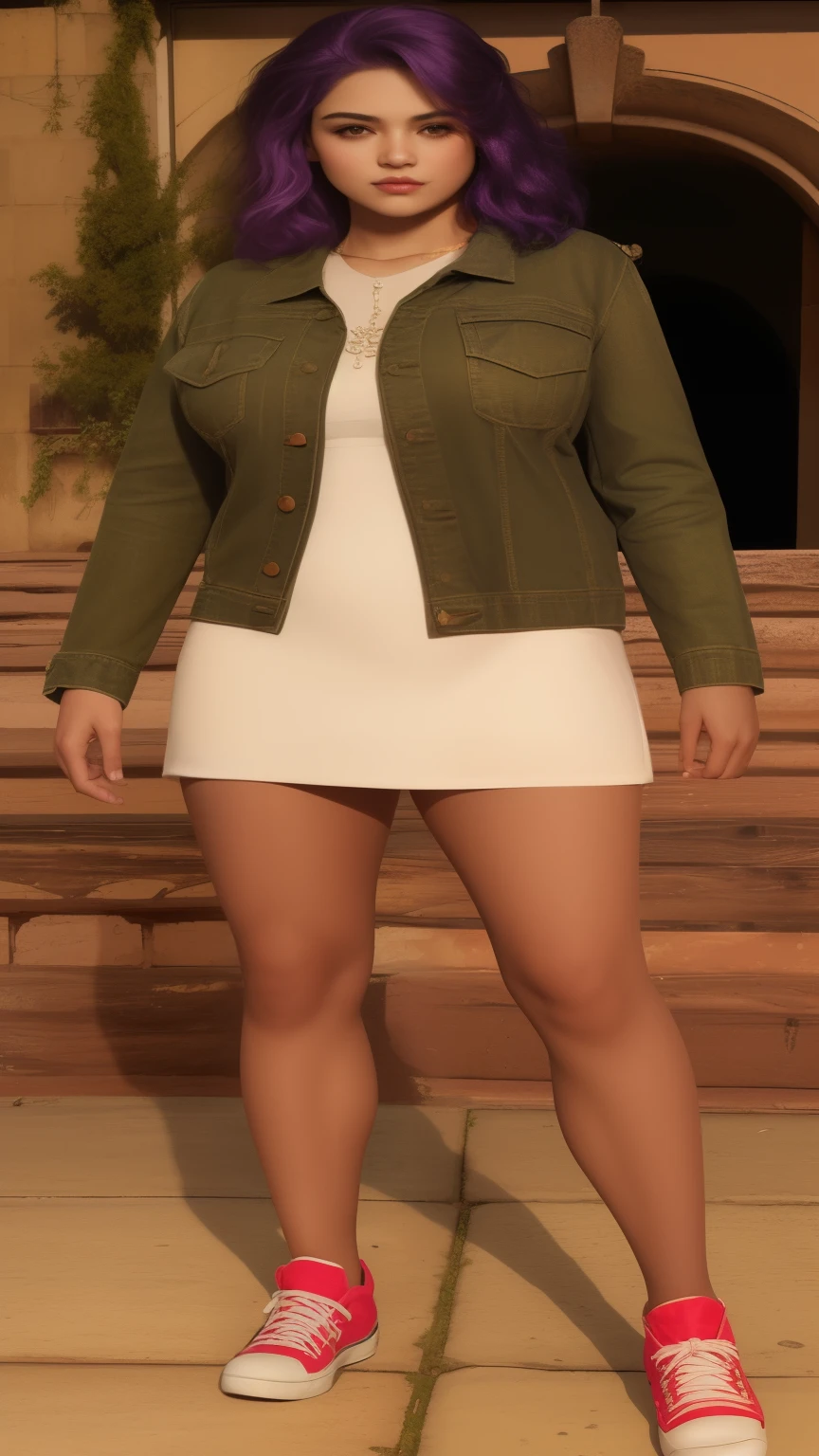 mulher arafada com cabelo roxo e jaqueta verde posando para uma foto, foto de corpo inteiro hiperdetalhada, altamente detalhado clothing, roupas realistas, roupas muito detalhadas e ricas, close-up de corpo inteiro, roupas detalhadas, em roupas! altamente detalhado, roupas renderizadas realisticamente, roupas de alto detalhe, roupas detalhadas texture, corpo inteiro detalhado, Photorealistic detail content