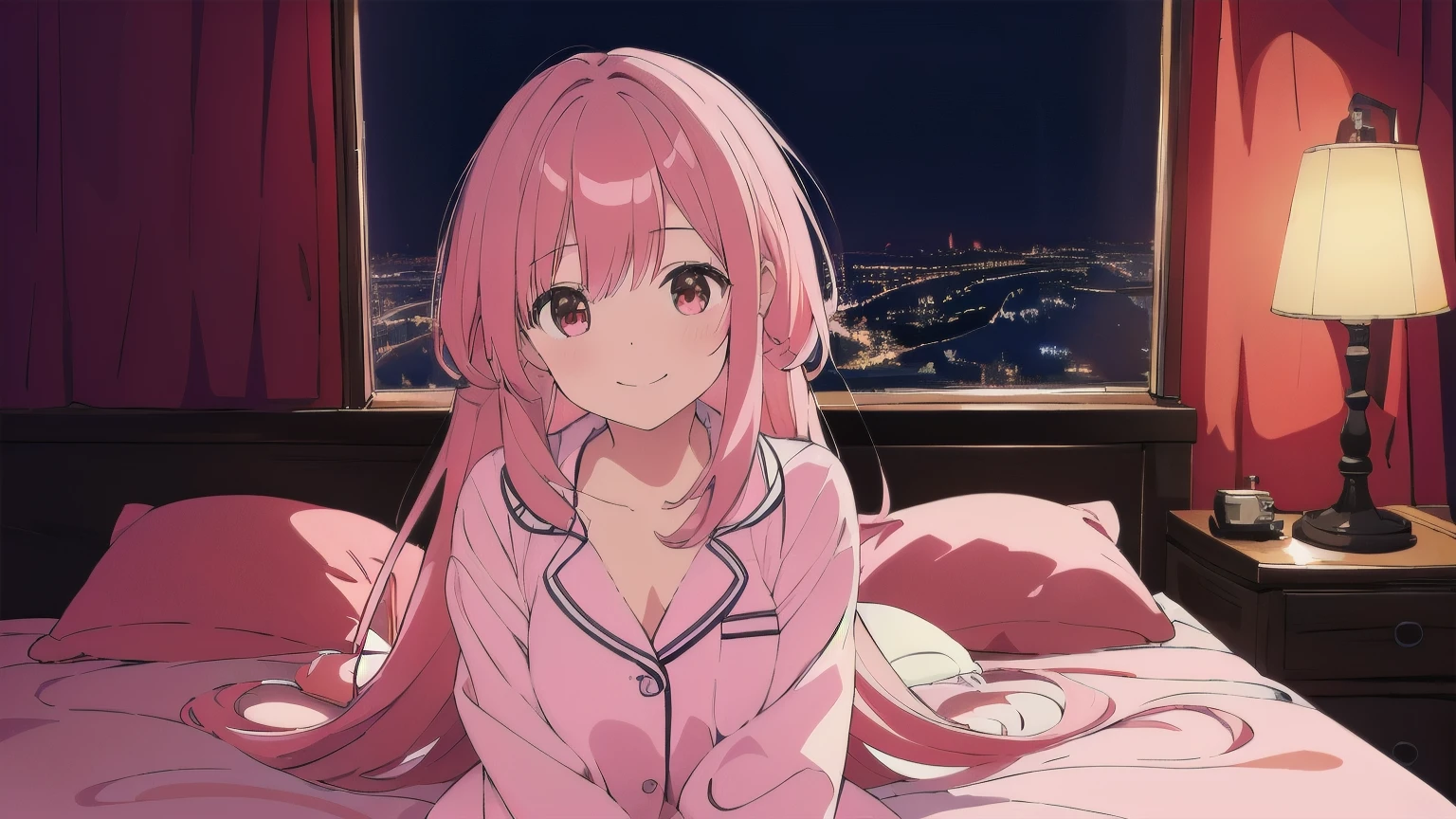 Very detailed, Detailed Background, (highest quality, masterpiece, High resolution), One girl, smile, Mid-chest, Pink Hair, Upper Body, pajamas, long hair、 night、 Dimly lit room、 Moonlit room、