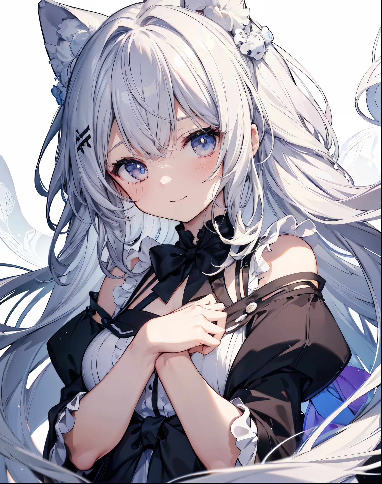 No background、Background white、High resolution、FHD、high resolution、High chroma、High again、Black and White、Line art、anime、girl、Gray Hair、Long Hair、Curly long hair、cartoonist、draw a picture、Light color、one piece、Frills、Sparkle in the eyes、highlight、smile、cute、whole body、No cuts in sight、I can't see it、Refers to 5 books、Hands Japan、No background、Background white