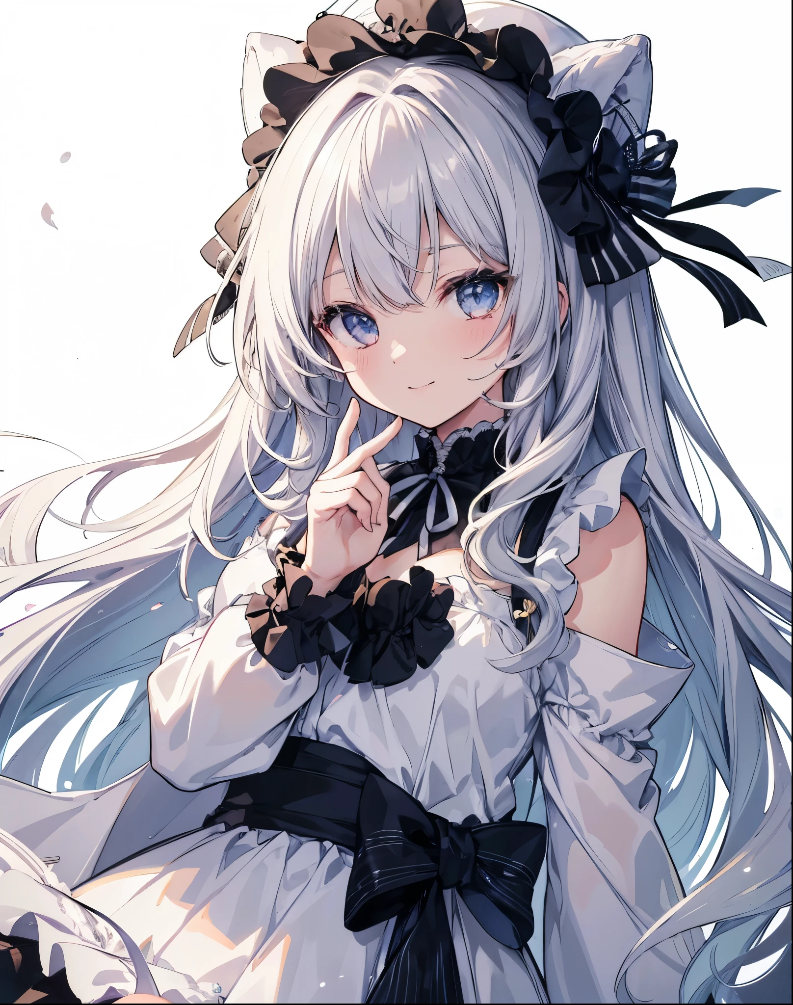 No background、Background white、High resolution、FHD、high resolution、High chroma、High again、Black and White、Line art、anime、girl、Gray Hair、Long Hair、Curly long hair、cartoonist、draw a picture、Light color、one piece、Frills、Sparkle in the eyes、highlight、smile、cute、whole body、No cuts in sight、I can't see it、Refers to 5 books、Hands Japan、No background、Background white