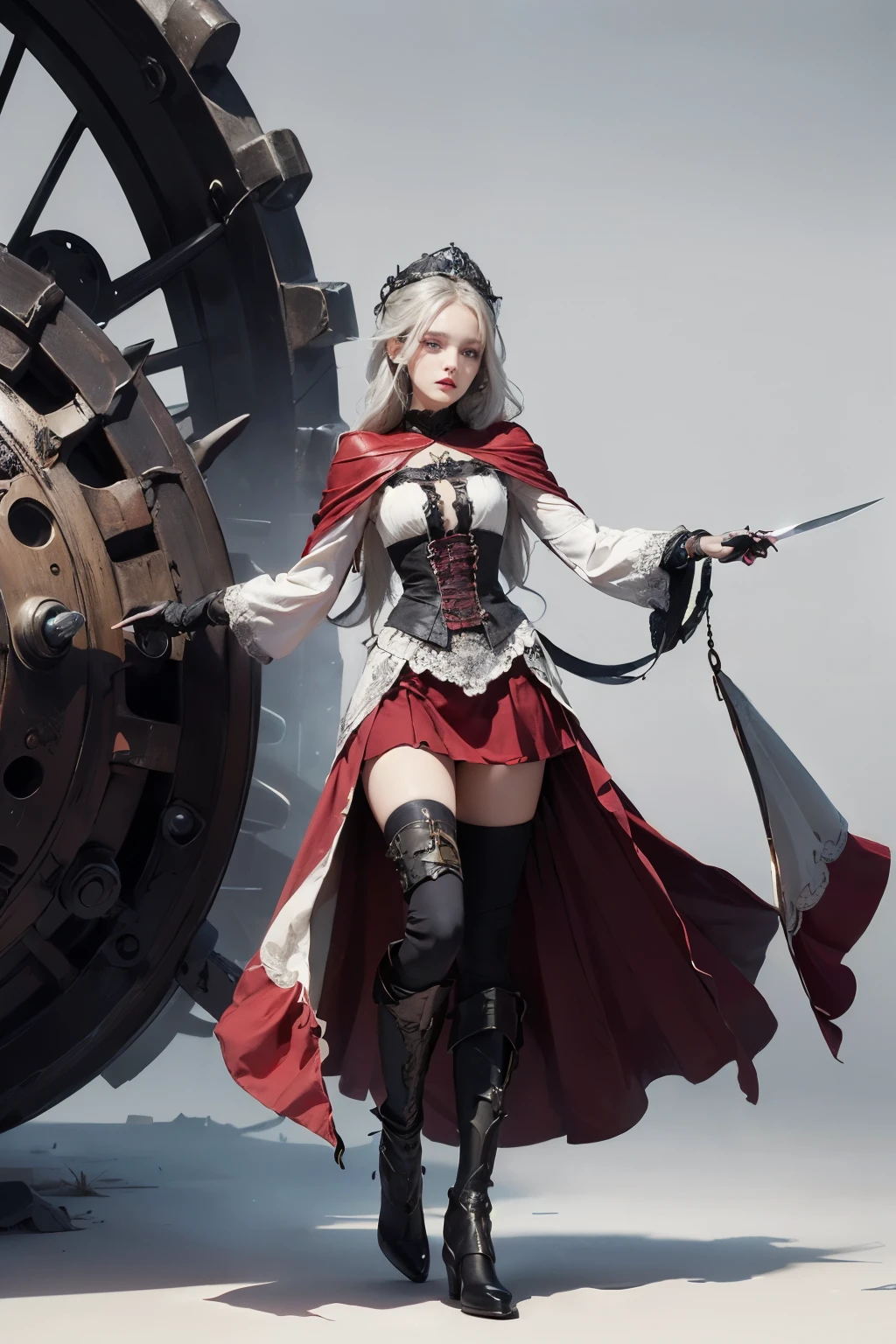 mpts
Copy
(((masutepiece, of the highest quality, super detailed))), a knight, white background, plain background, Bloodborne inspired, Bloodborne attire, occult aesthetic, occult, Complex mechanical cyborg girl, Skeleton body, red and white clothing detailed and intricate steampunk and detailed gothic ta (with a hood), diadems, very thin long legs, Complex mechanical boots above the knee, Fluttering lace flared skirt, beautiful small breasts directed upwards, (((( Highly detailed face))), small thin nose, Small thin lips mouth, (((Very sharp focused eyes))), Very large slit precision pale grey eyes that shine like jewels. very long eyelashes, Silver hair swaying in the wind, Emitting a dazzling light in a mandala pattern, white background, Very dramatic and cinematic lighting, red and white clothing, full body, whole body, body, cosmic horror