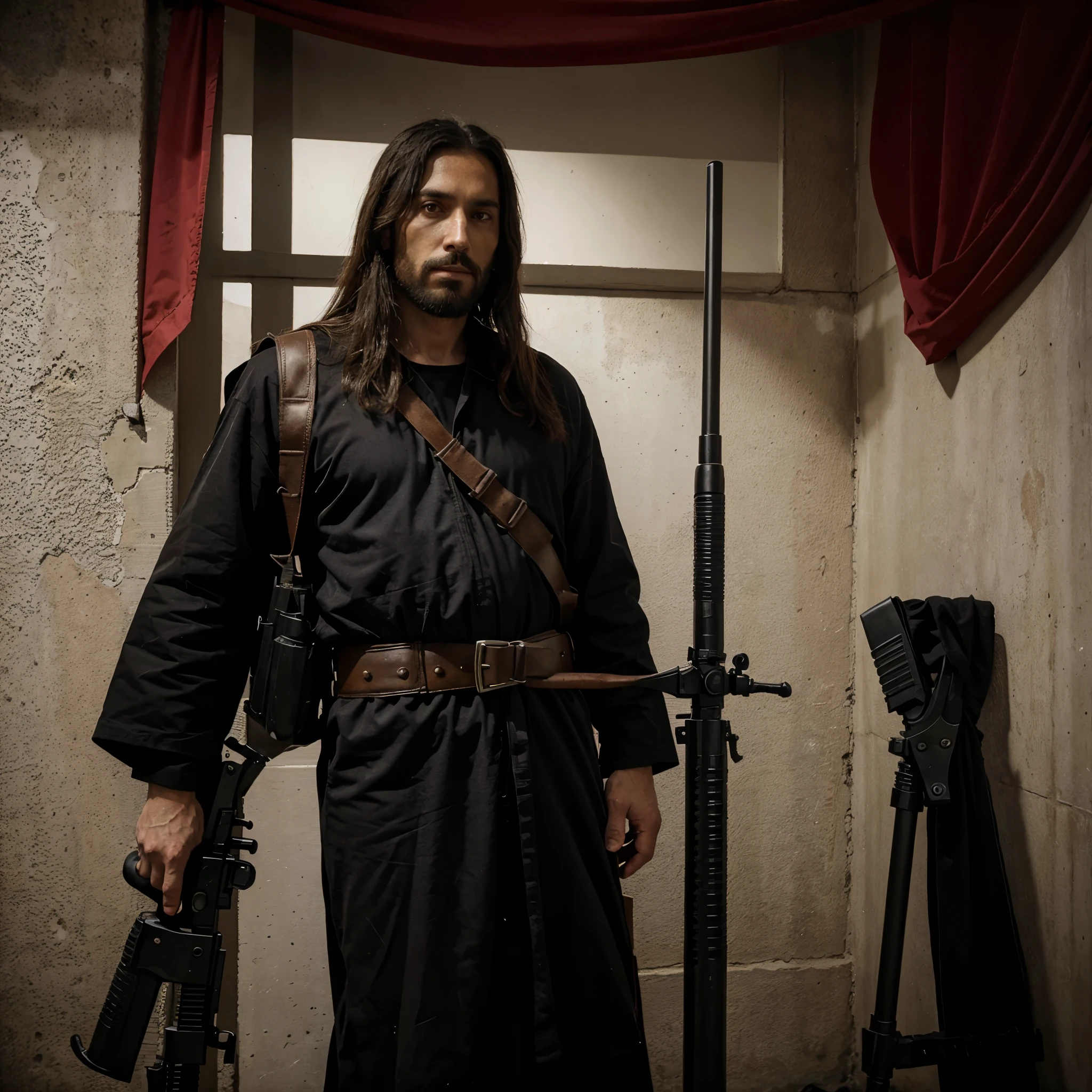 Jesus Christ with a black robe and and a red belt flag behind him of Israel with an AK47 and vests with bombs that also explode bathrooms and shoot the guards of the Palestinian embassy Jesus Christ