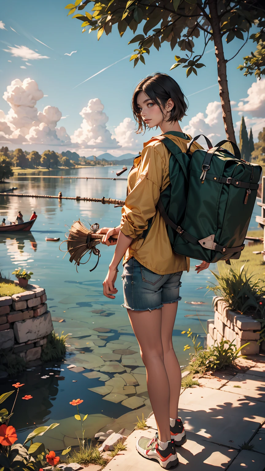 canyon ruins big tree pickaxe explorer explorer clothes hair green adult woman short hair ruins big lake absurdity big sky vast