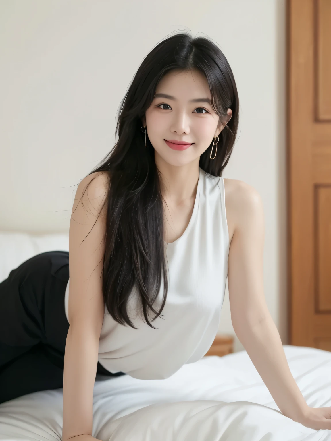 A photo of a beautiful Chinese woman about 35 years old with long straight hair, wearing a white tank top and black pants in her bedroom, smiling at the camera. The background is plain white, highlighting her face and attire. She has earrings on, adding to the natural feel of being taken in the style of herself. Her expression reflects happiness or joy as she looks directly into the phone's camera lens. --ar 9:16
